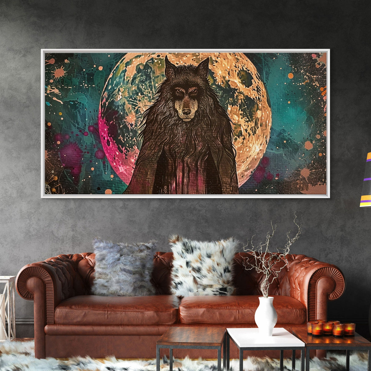 Hooded Werewolf Under The Full Moon, Framed Canvas Print, Wood Frame Halloween Wall Art, Dark Academia