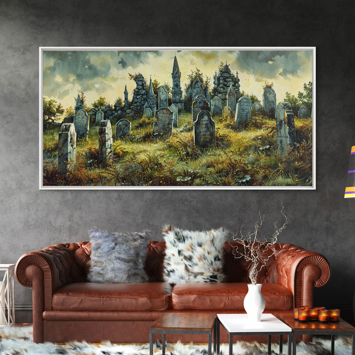 Haunted Cemetery Halloween Prop Framed Canvas Print | Spooky Season | Spooky Wall Art | Halloween Decor | Creepy Art Prints