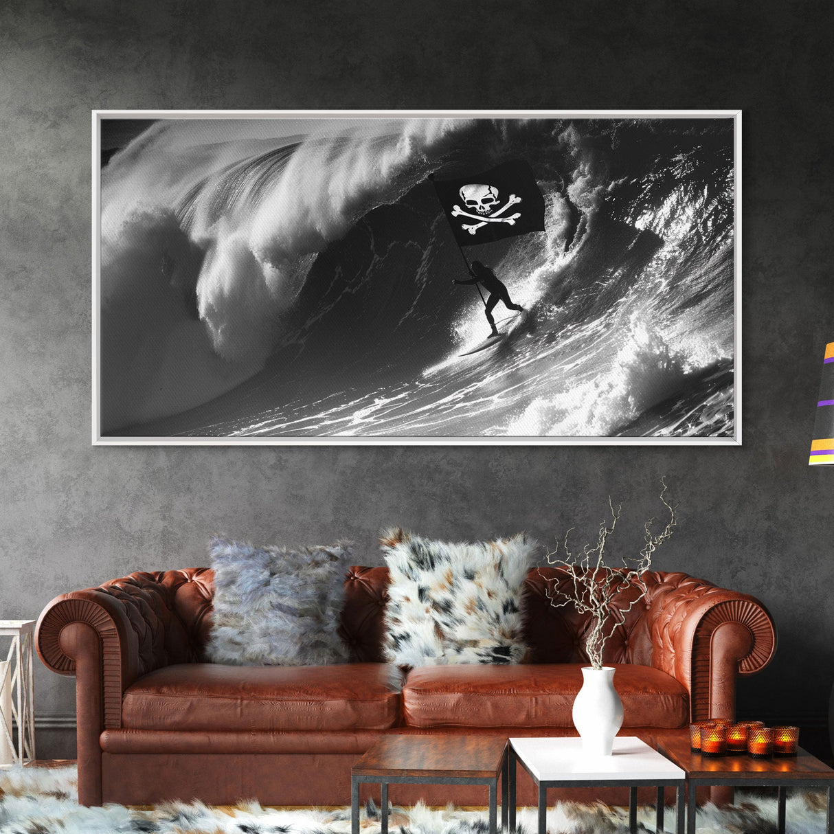 Pirate Surf - Framed Canvas Print - Black & White Photography Style Wall Art - Skull and Cross Bones Wall Art - Manly Decor - Mancave