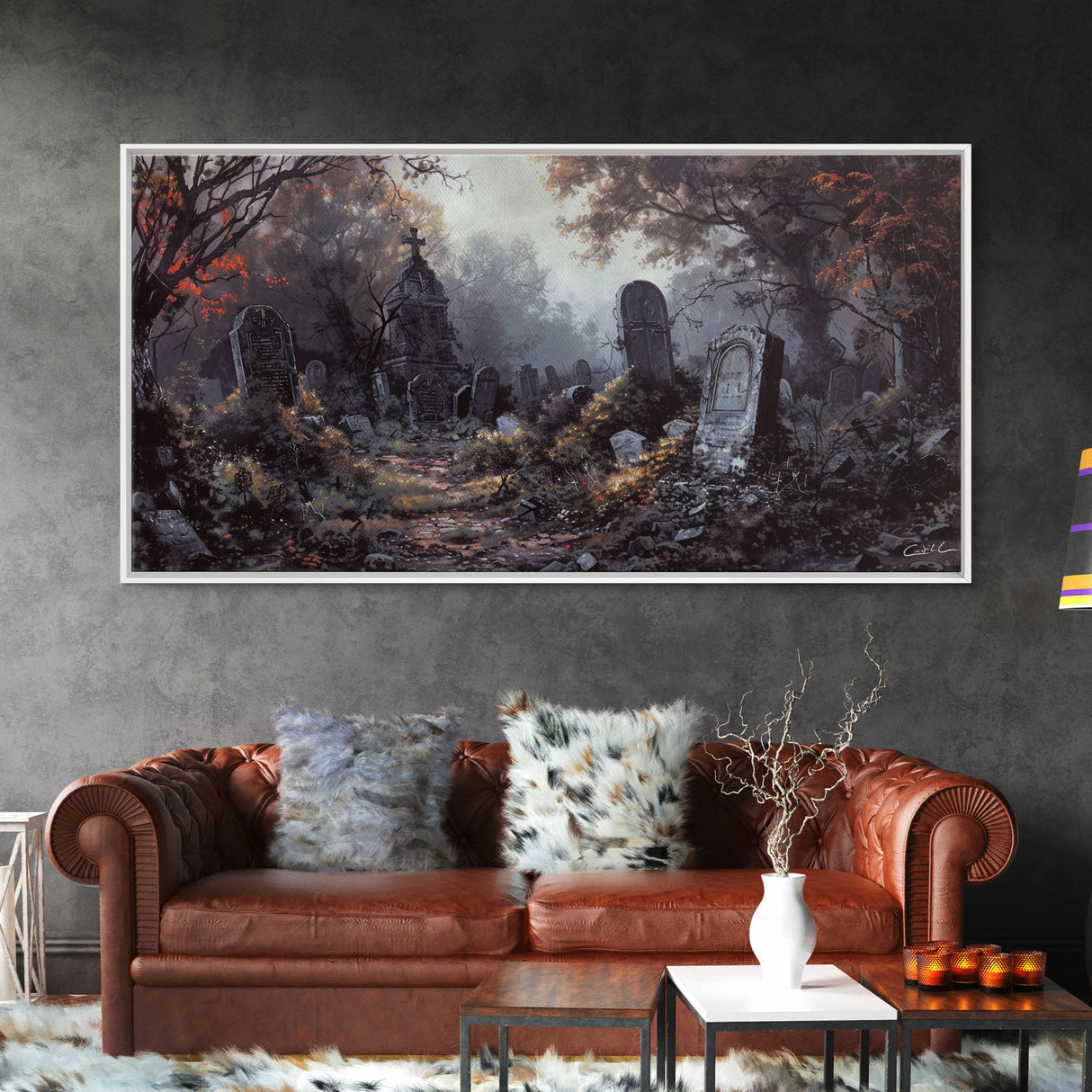 Haunted Cemetery Halloween Prop Framed Canvas Print | Spooky Season | Spooky Wall Art | Halloween Decor | Creepy Art Prints