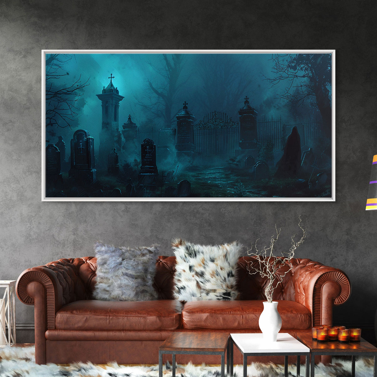 Spooky Vibes Halloween Art Framed Canvas Print, Dark Academia Oil Painting