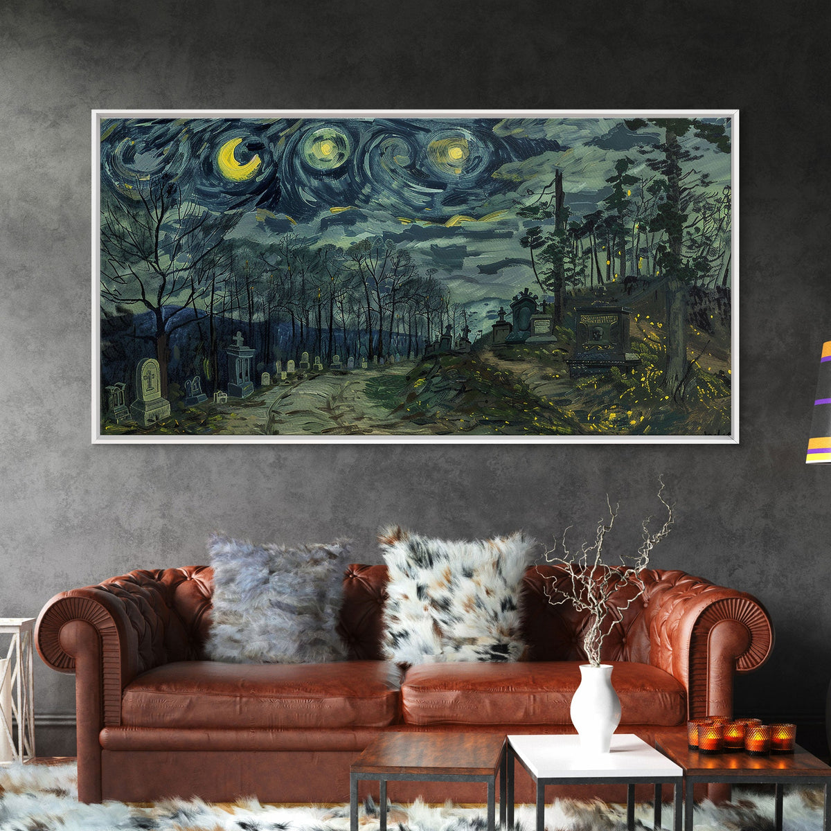 Haunted Graveyard Framed Canvas Print, Starry Night Van Gogh Inspired Halloween Decor, Spooky Vibes Halloween Gift