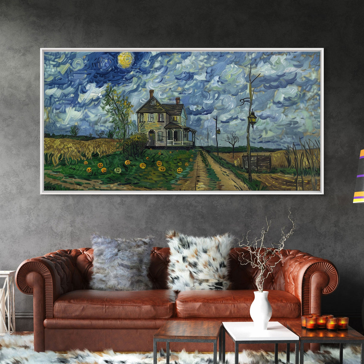 Haunted Countryside, Framed Canvas Print, Spooky Starry Night Inspired Halloween Wall Art