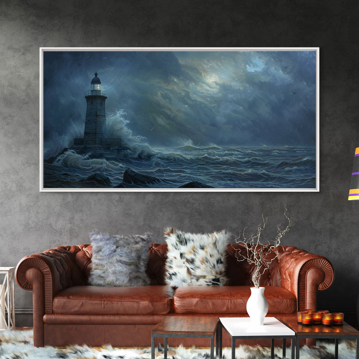 Lighthouse and the Storm, Framed Canvas Print, Unique Halloween Wall Art, Nautical Decor