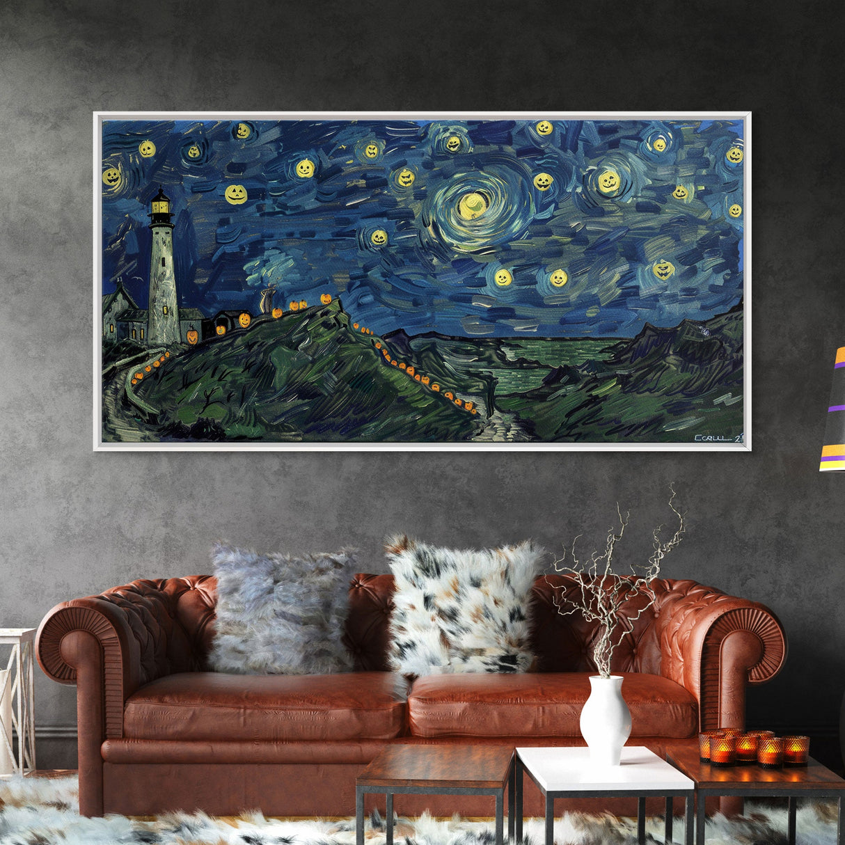 Lighthouse and the Storm, Framed Canvas Print, Unique Halloween Wall Art, Nautical Decor, Starry Night Inspired Wall Art