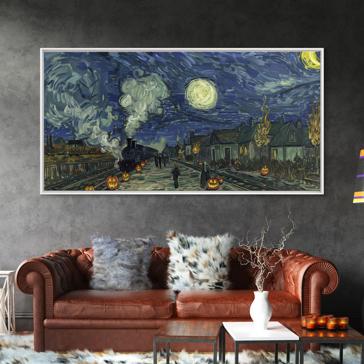 Starry Night Inspired Haunted Steam Train, Framed Canvas Print, Spooky Halloween Wall Art