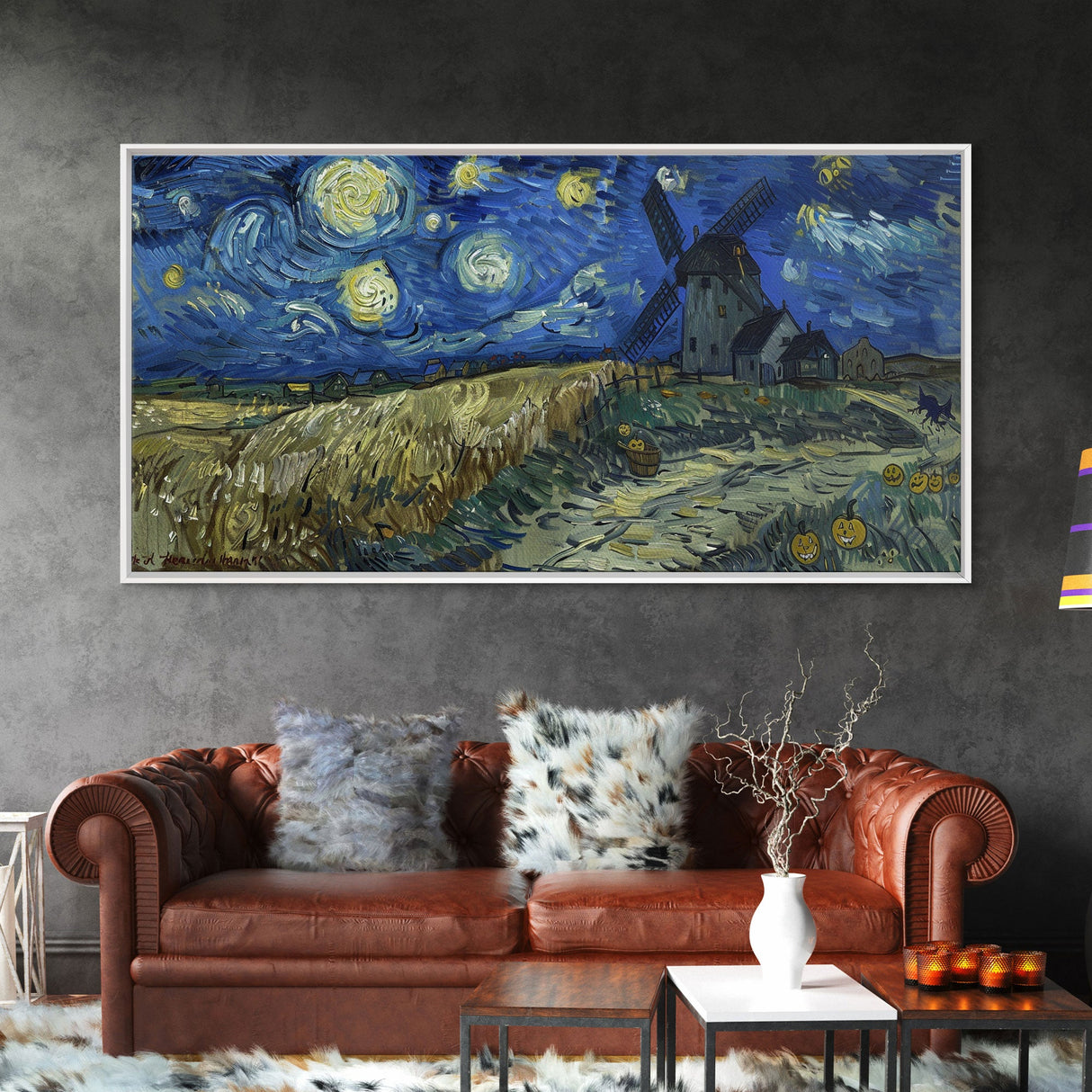 Starry Night Inspired Haunted Wind Mill, Framed Canvas Print, Spooky Halloween Wall Art