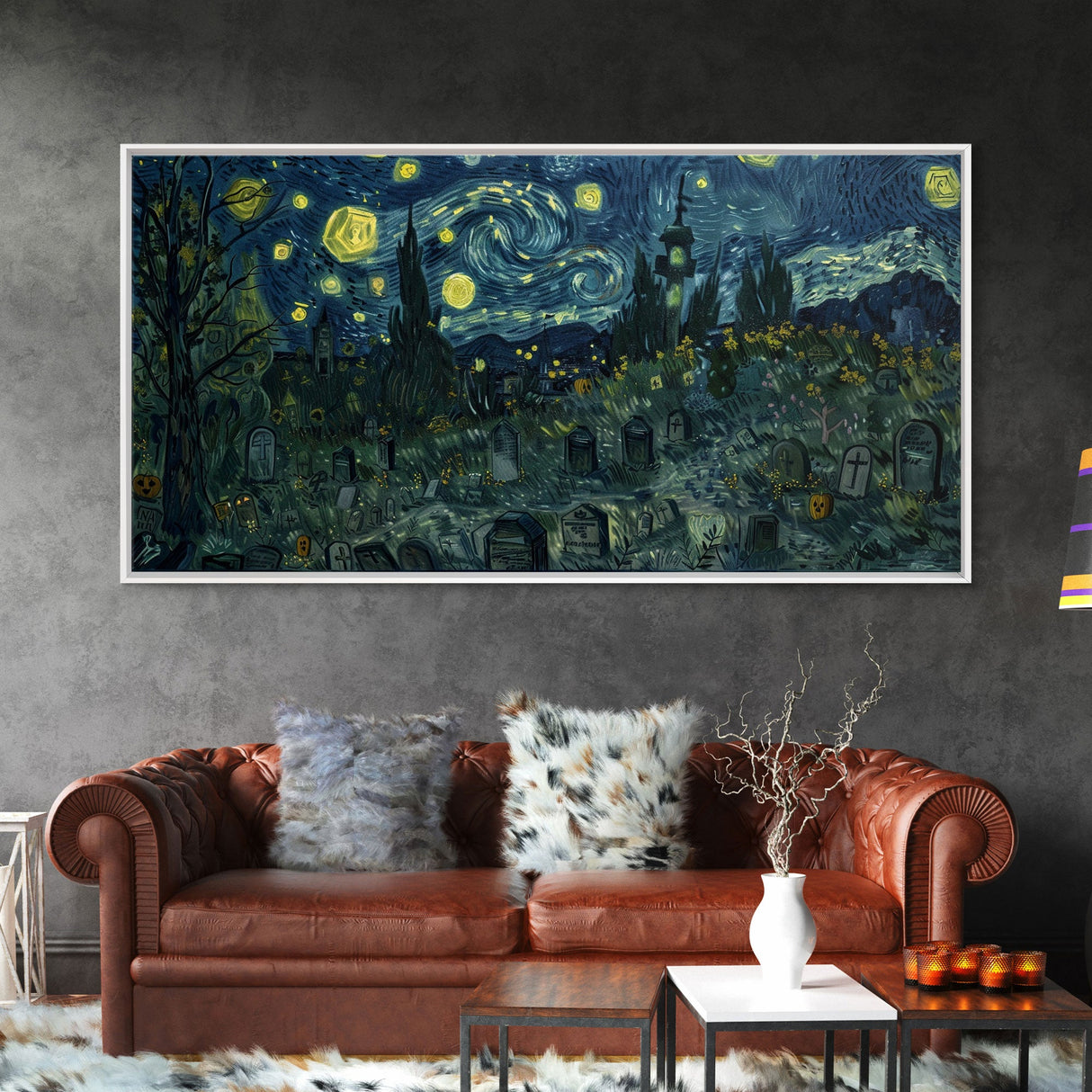 Starry Night Inspired Haunted Graveyard Framed Canvas Print, Halloween Wall Decor, Halloween Props, Halloween Gift Idea