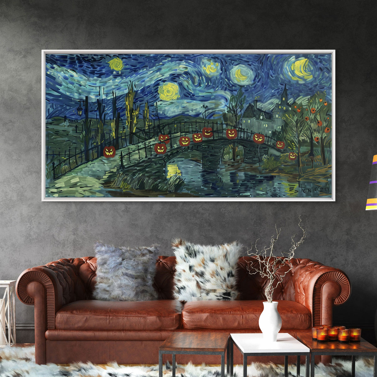 London at Midnight, Framed Canvas Print, Starry Night Inspired Victorian London, Dark Academia Halloween Wall Art
