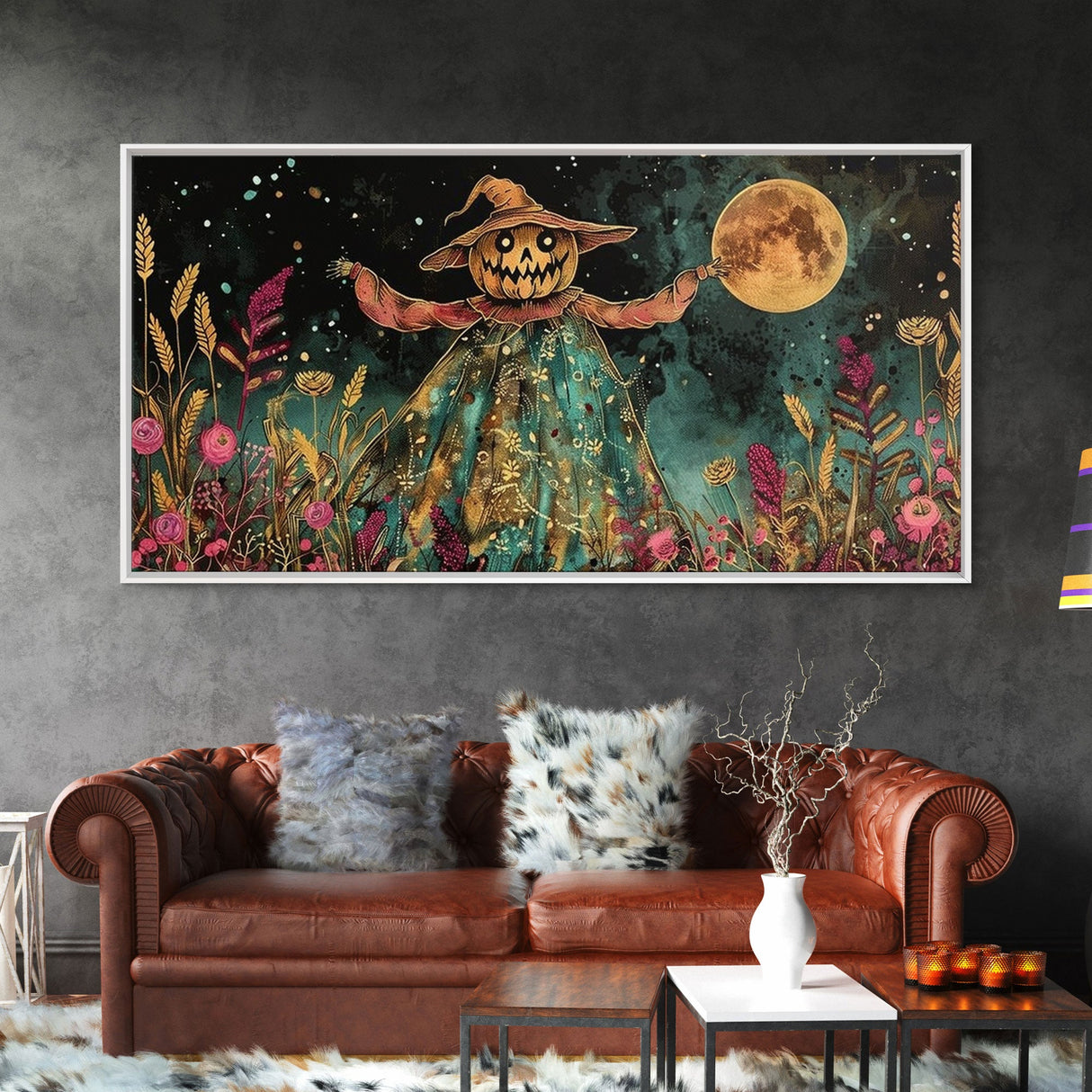 Spooky Jack O' Lantern Scarecrow, Framed Canvas Print, Dark Academia, Halloween Decor, Spooky Season Wall Art