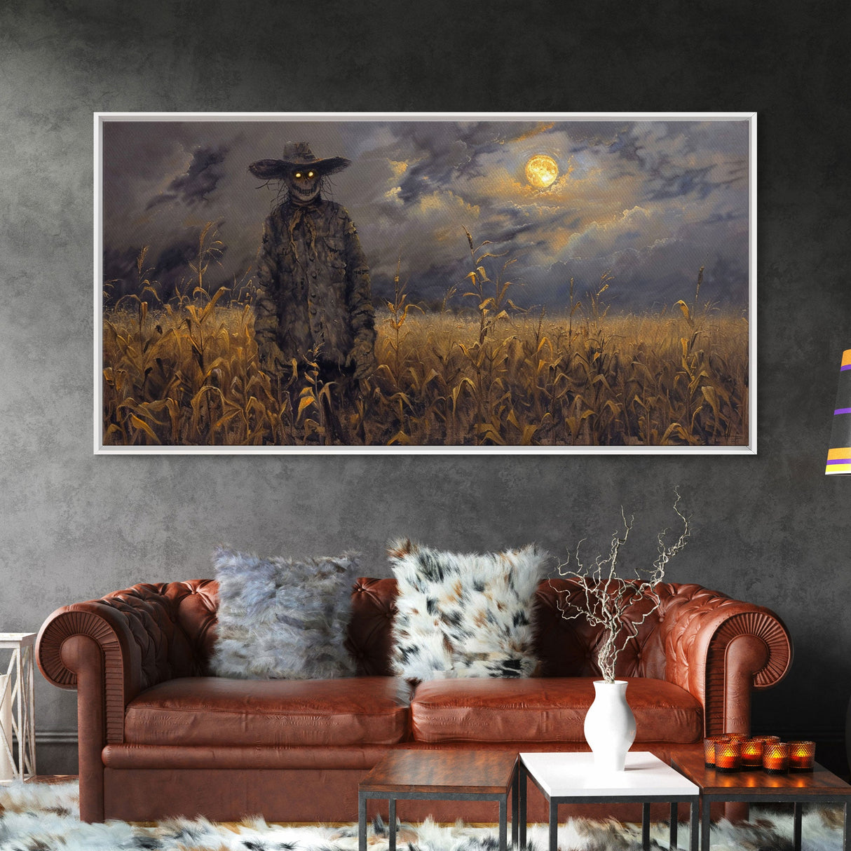 Scarecrow Under A Full Moon - Framed Canvas Print - Spooky Wall Art - Halloween Decor