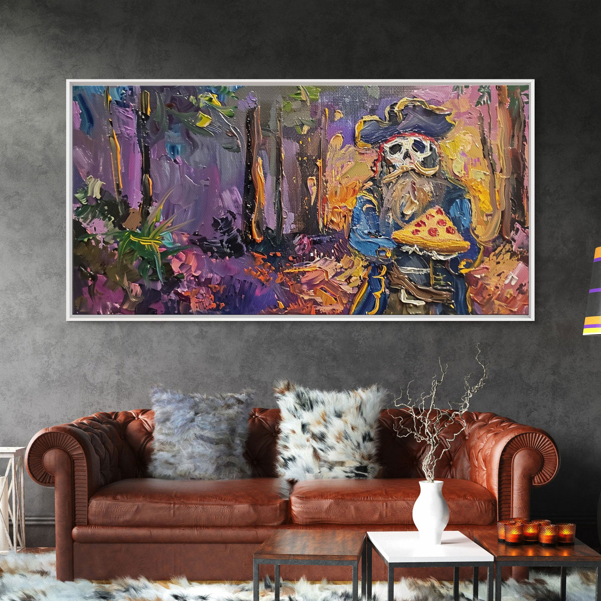 Do Ghost Pirates Eat Pizza? The Answer is Yes. Funny Halloween Wall Art, Framed Canvas Print