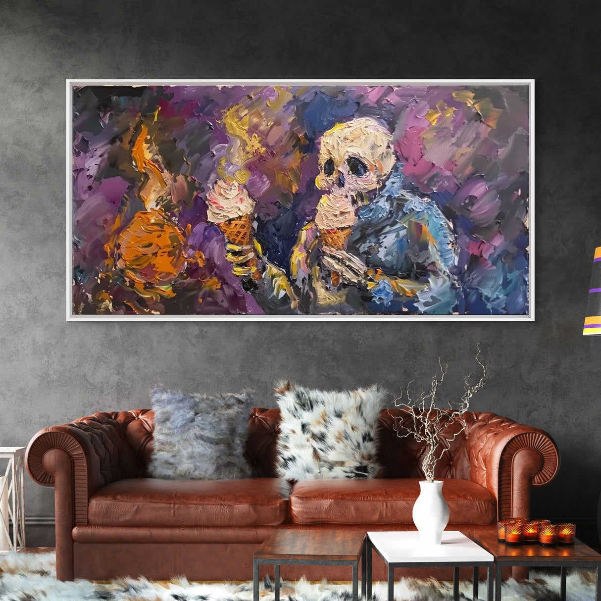 Spooky Skeleton having TWO ice cream cones! Why does he need two? Halloween Art, Framed Canvas Print
