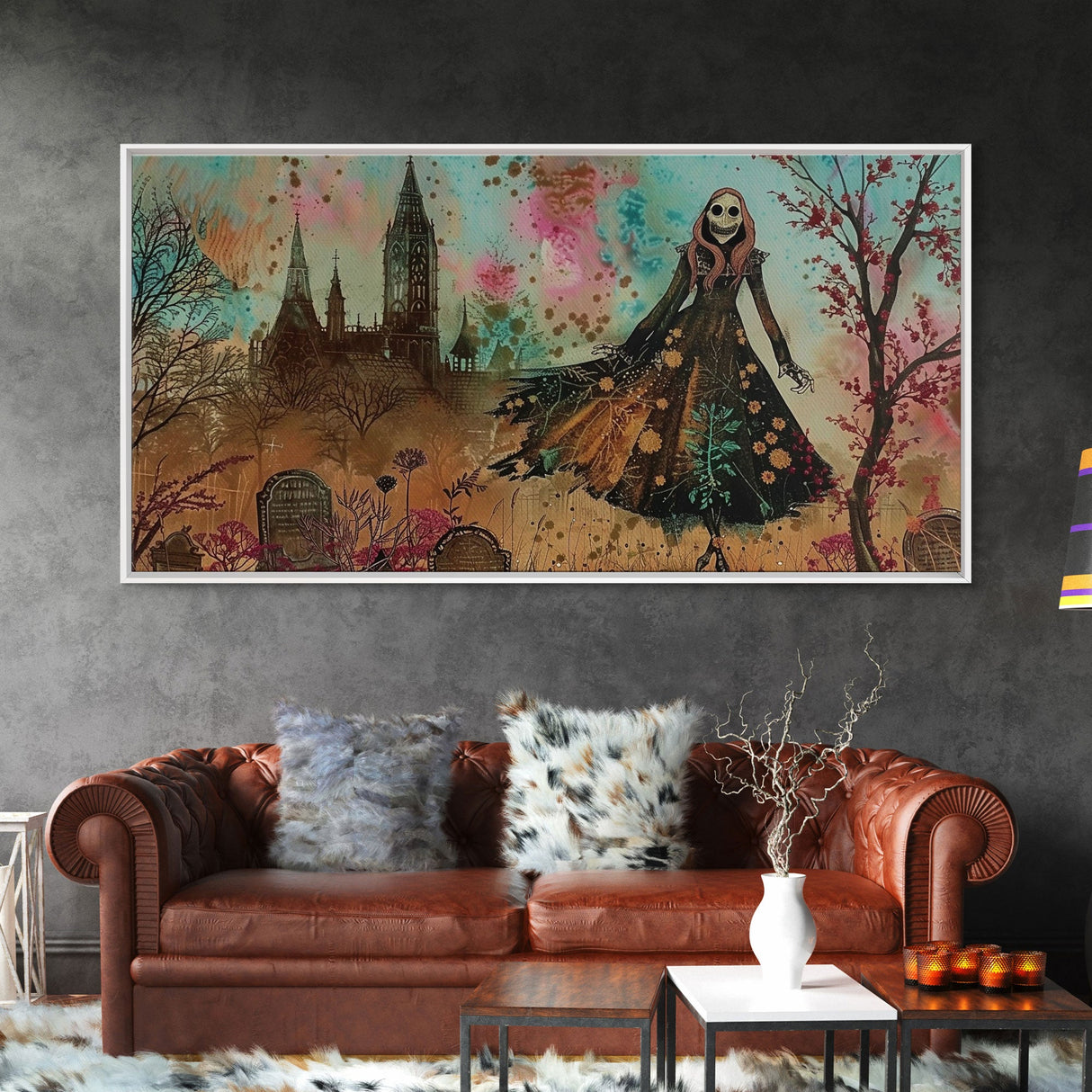 Grinning Banshee In A Cemetery Framed Canvas Print - Spooky Wall Art - Halloween Decor