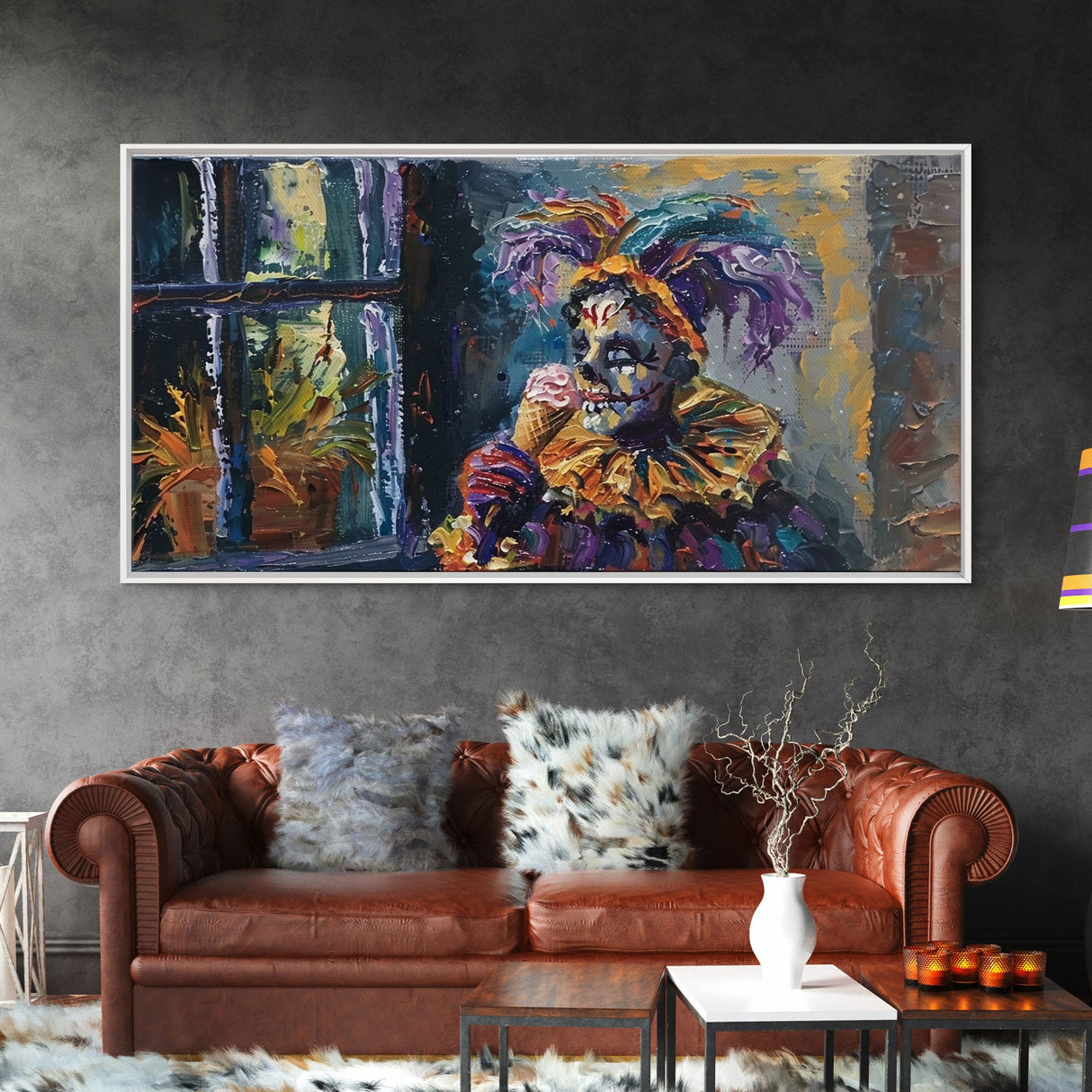 Spooky Court Jester Having an Ice Cream, Funny Halloween Art, Framed Canvas Print
