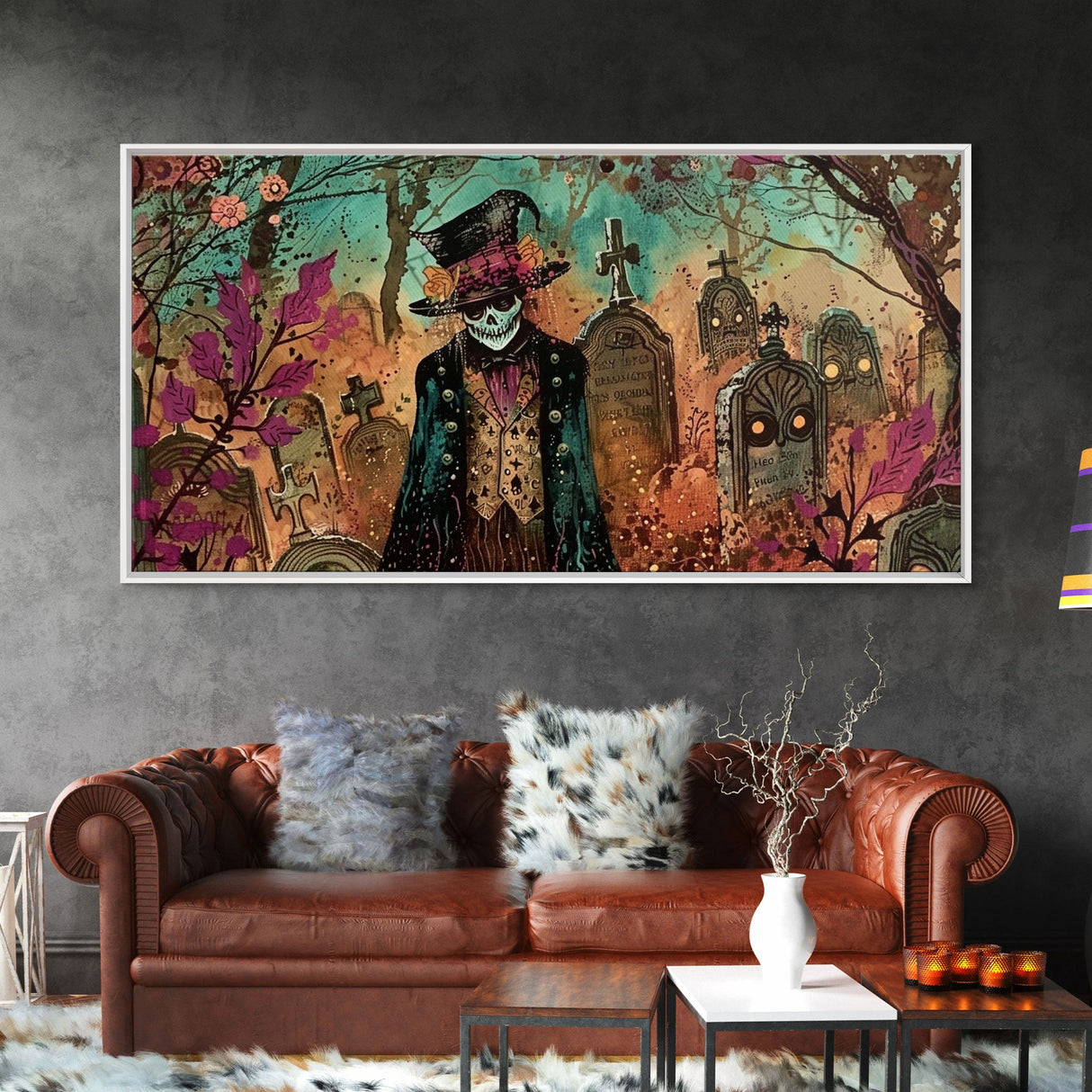 Spooky Ghost In A top hat, Framed Canvas Print, Halloween Decor, Spooky Vibes Wall Art
