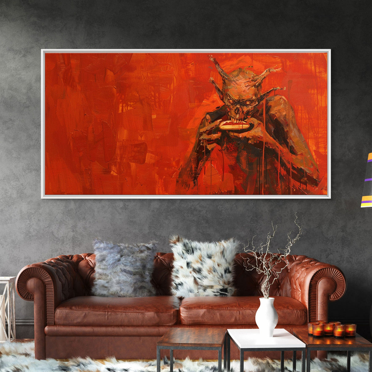 Scary Demon Having a Hot Dog, must be a baseball fan. Funny Halloween Wall Art Framed Canvas Print