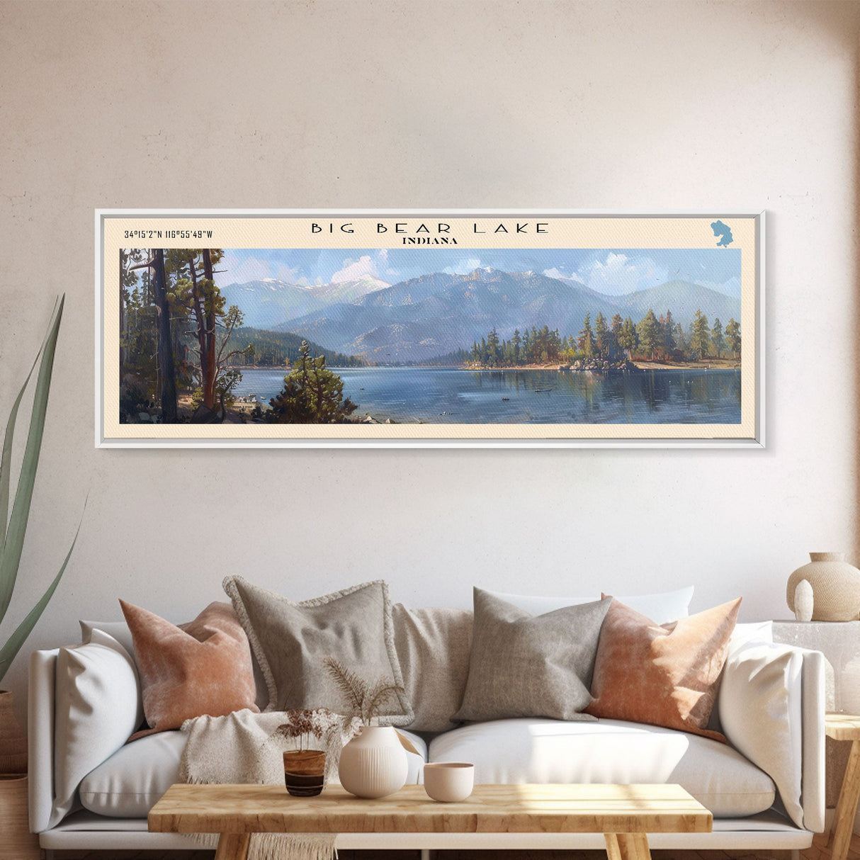 Big Bear Lake California Panoramic Framed Canvas Print, Lake House Decor, Scenic View, Travel Poster, Modern Art, Nature Wall Art