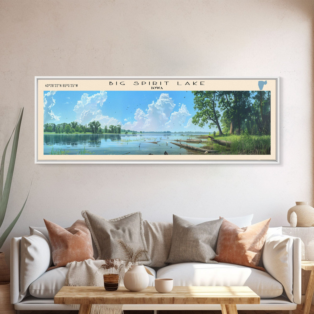 Big Spirit Lake Iowa Framed Canvas Print, Panoramic Lake House Decor, Scenic View, Travel Poster, Rustic Art, Lake Painting