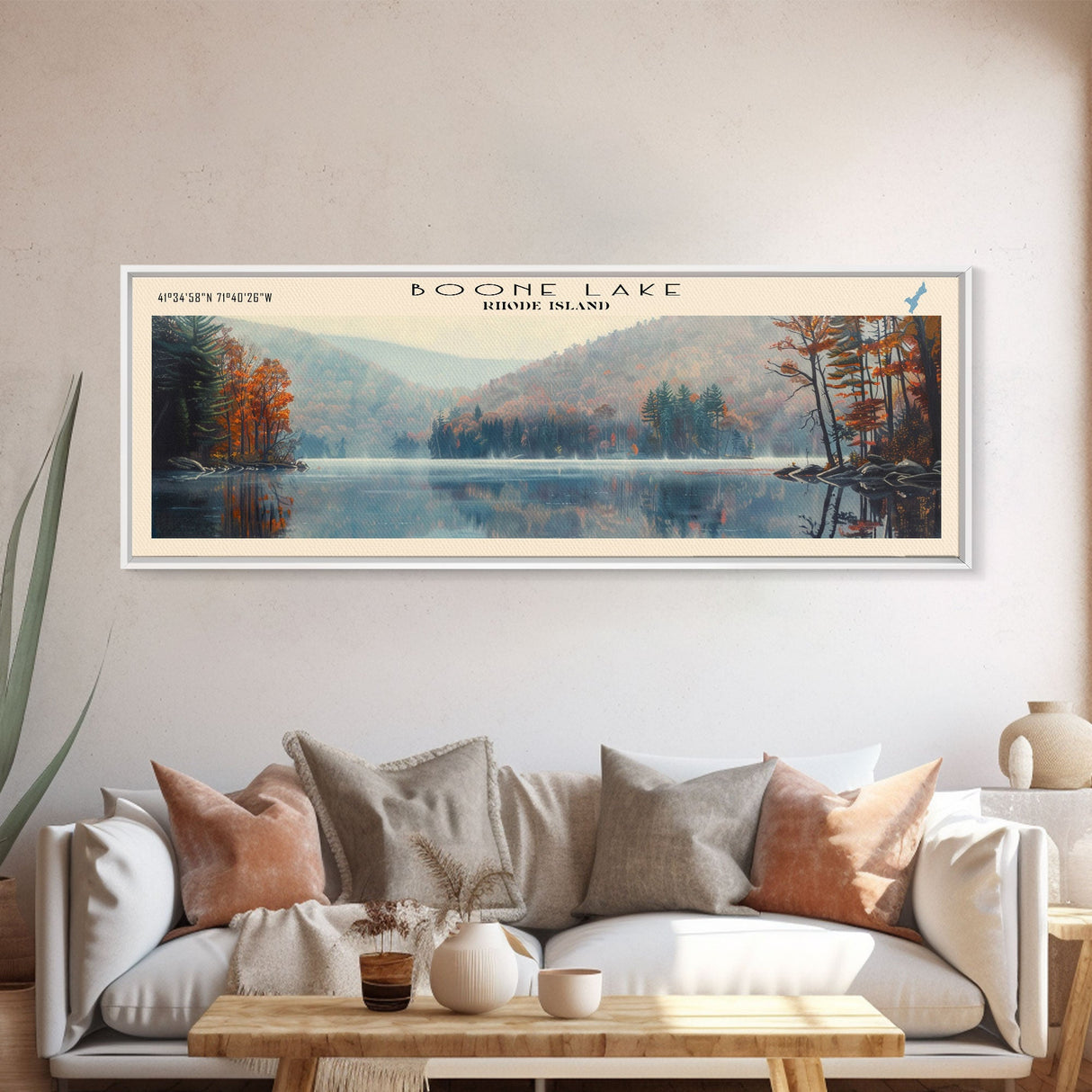 Boone Lake Rhode Island Framed Canvas Print, Panoramic Lake House Decor, Scenic View, Travel Poster, Rustic Art, Lake Painting
