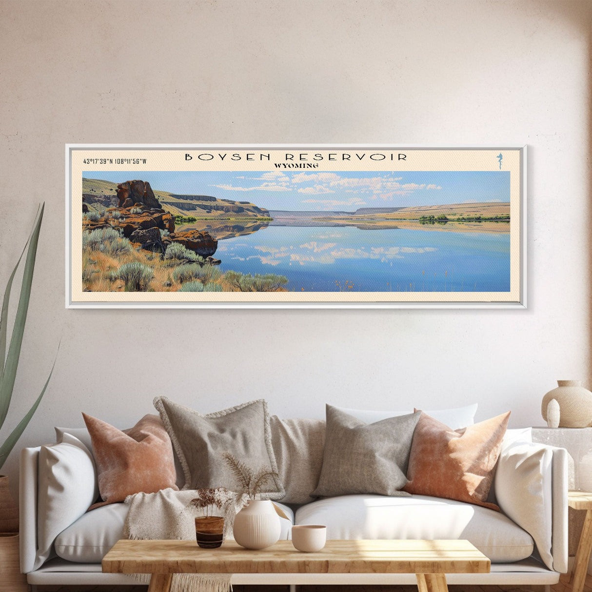 Boysen Reservoir Wyoming Framed Canvas Print, Lake House Art, Panoramic Wall Art, Travel Poster, Minimalist Lake Painting, Home Decor