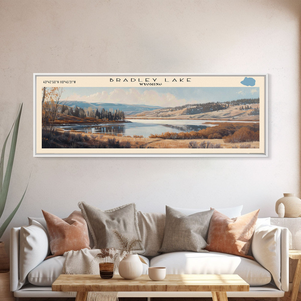 Bradley Lake Wyoming Framed Canvas Print, Panoramic Lake House Decor, Wall Art, Travel Poster, Rustic Lake Painting, Nature Art