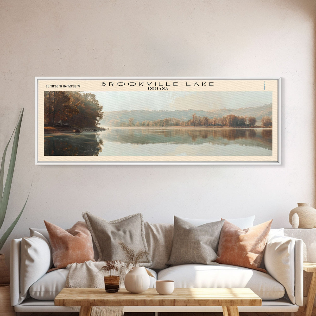 Brookville Lake Indiana Framed Canvas Print, Lake House Decor, Panoramic Wall Art, Travel Poster, Rustic Lake Painting, Nature Art