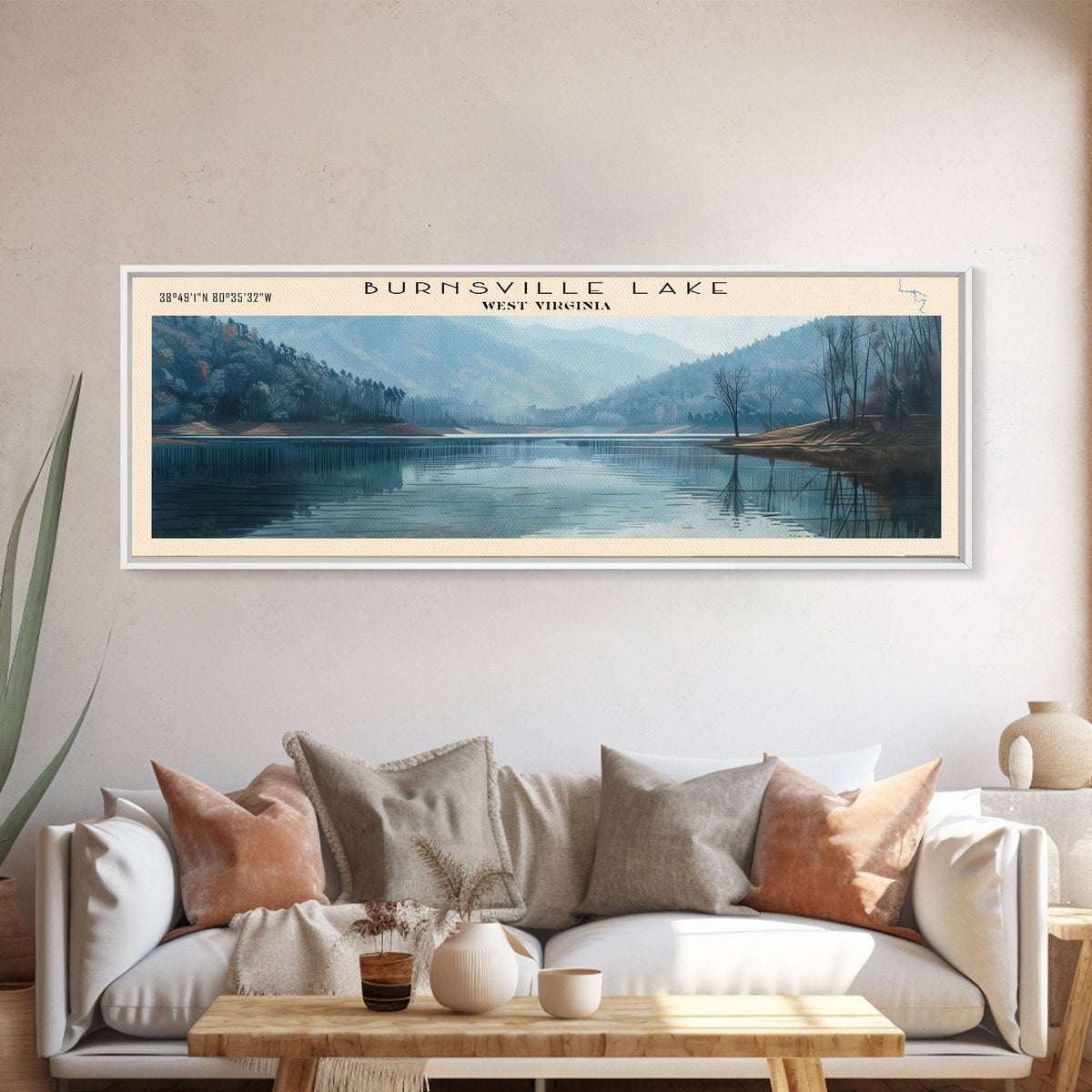 Burnsville Lake West Virginia Framed Canvas Print, Panoramic Lake House Decor, Wall Art, Travel Poster, Modern Lake Painting, Nature Art