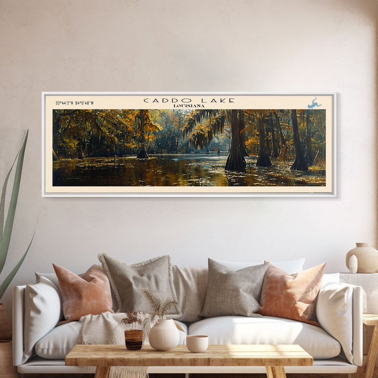 Caddo Lake Louisiana Framed Canvas Print, Lake House Decor, Panoramic Wall Art, Travel Poster, Rustic Lake Painting, Nature Art