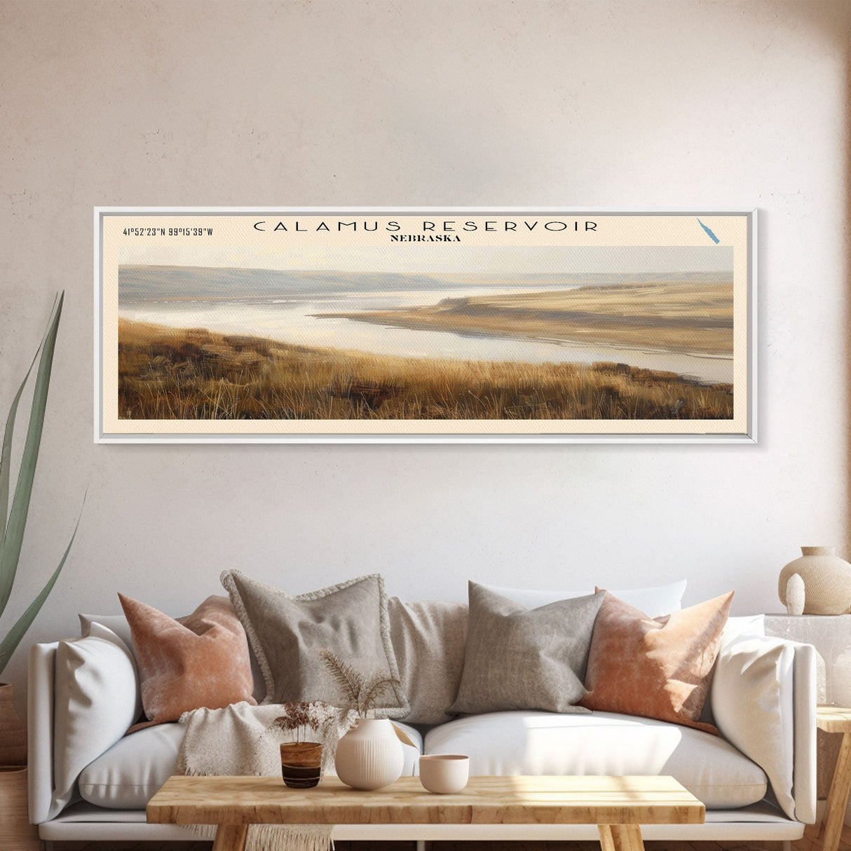 Calamus Reservoir Nebraska Framed Canvas Print, Panoramic Lake House Decor, Wall Art, Travel Poster, Rustic Lake Painting, Nature Art