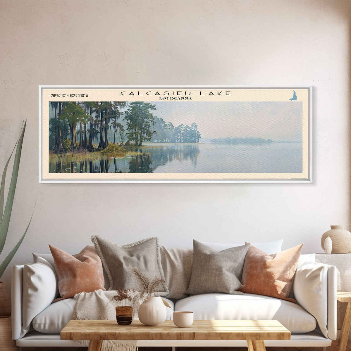 Calcasieu Lake Framed Canvas Print, Lake House Art, Panoramic Wall Art, Travel Poster, Minimalist Lake Painting, Home Decor