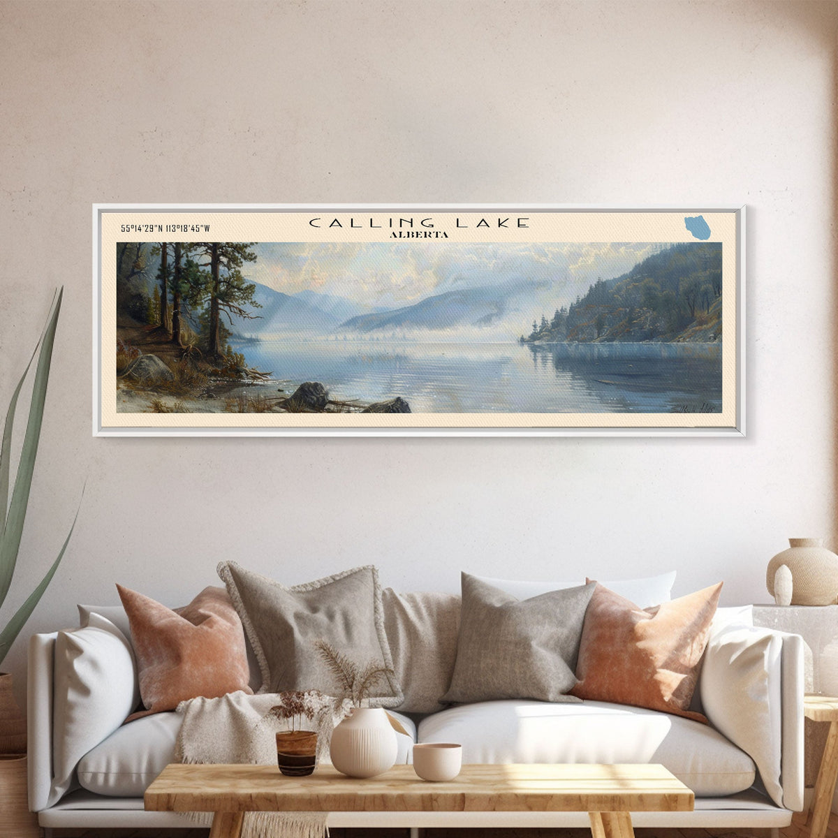 Calling Lake Framed Canvas Print, Panoramic Lake House Decor, Wall Art, Travel Poster, Rustic Lake Painting, Nature Art