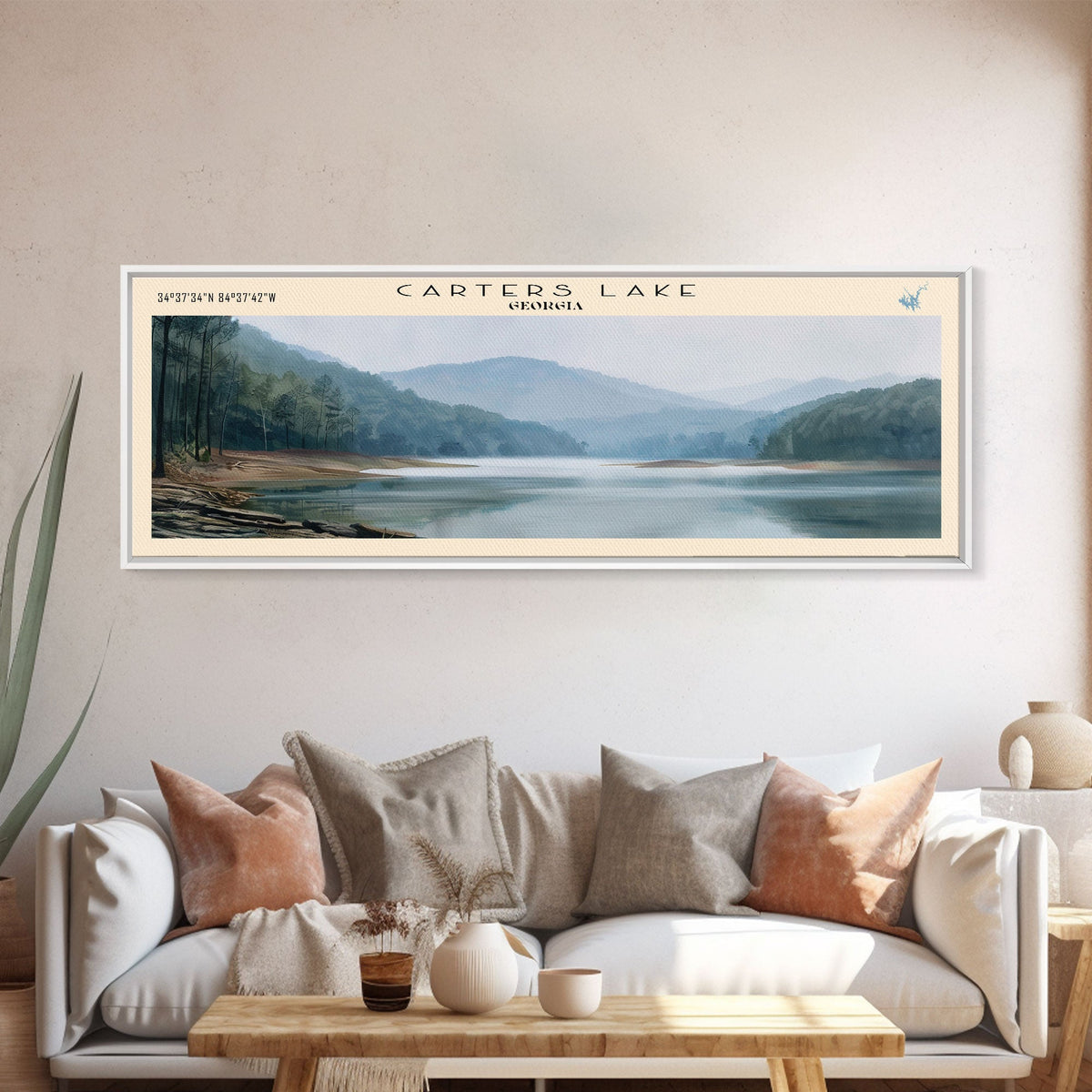 Carters Lake Georgia Framed Canvas Print, Panoramic Lake House Decor, Wall Art, Travel Poster, Rustic Lake Painting, Nature Art