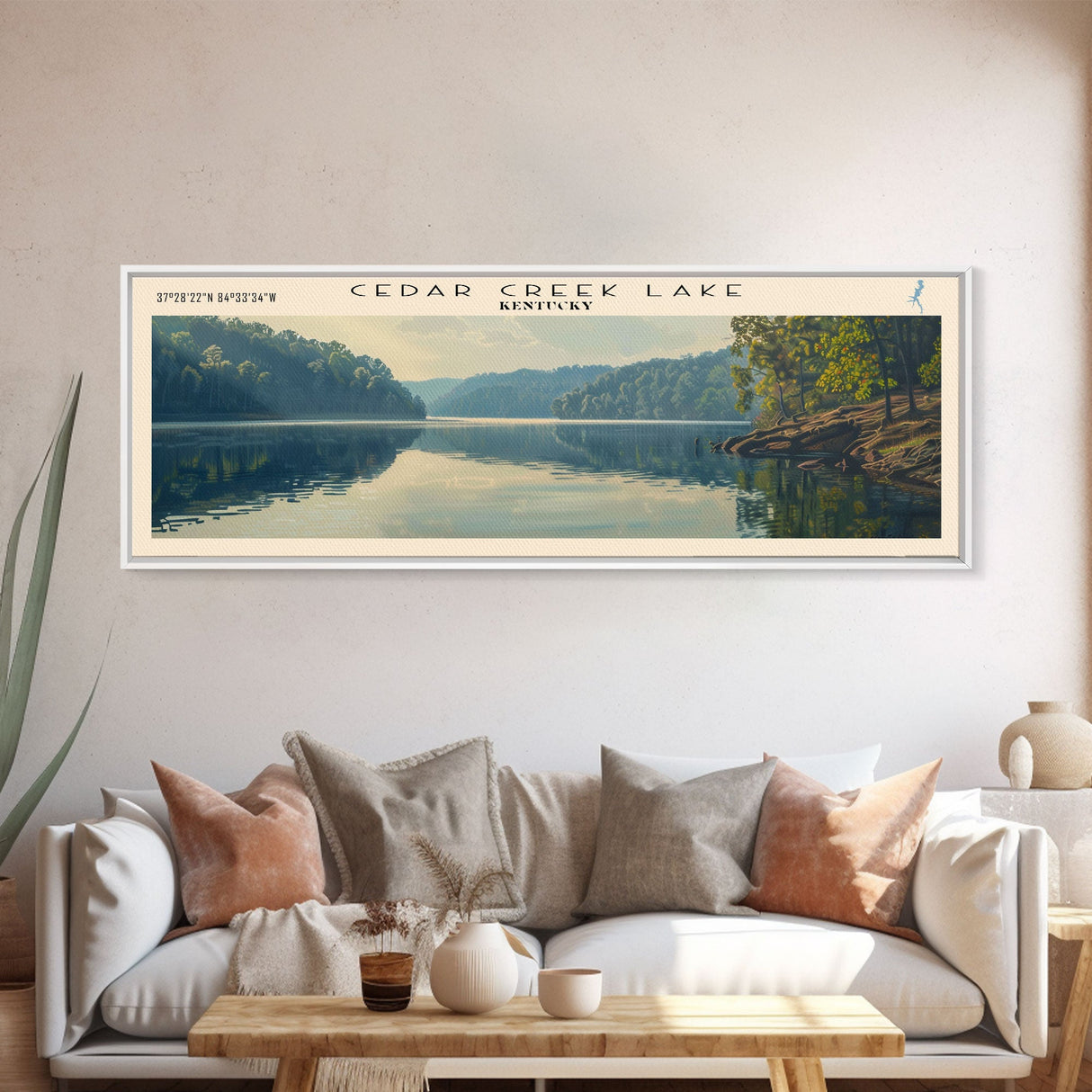 Cedar Creek Lake Kentucky Framed Canvas Print, Panoramic Lake House Decor, Wide Wall Art, Travel Poster, Rustic Lake Painting, Nature Art