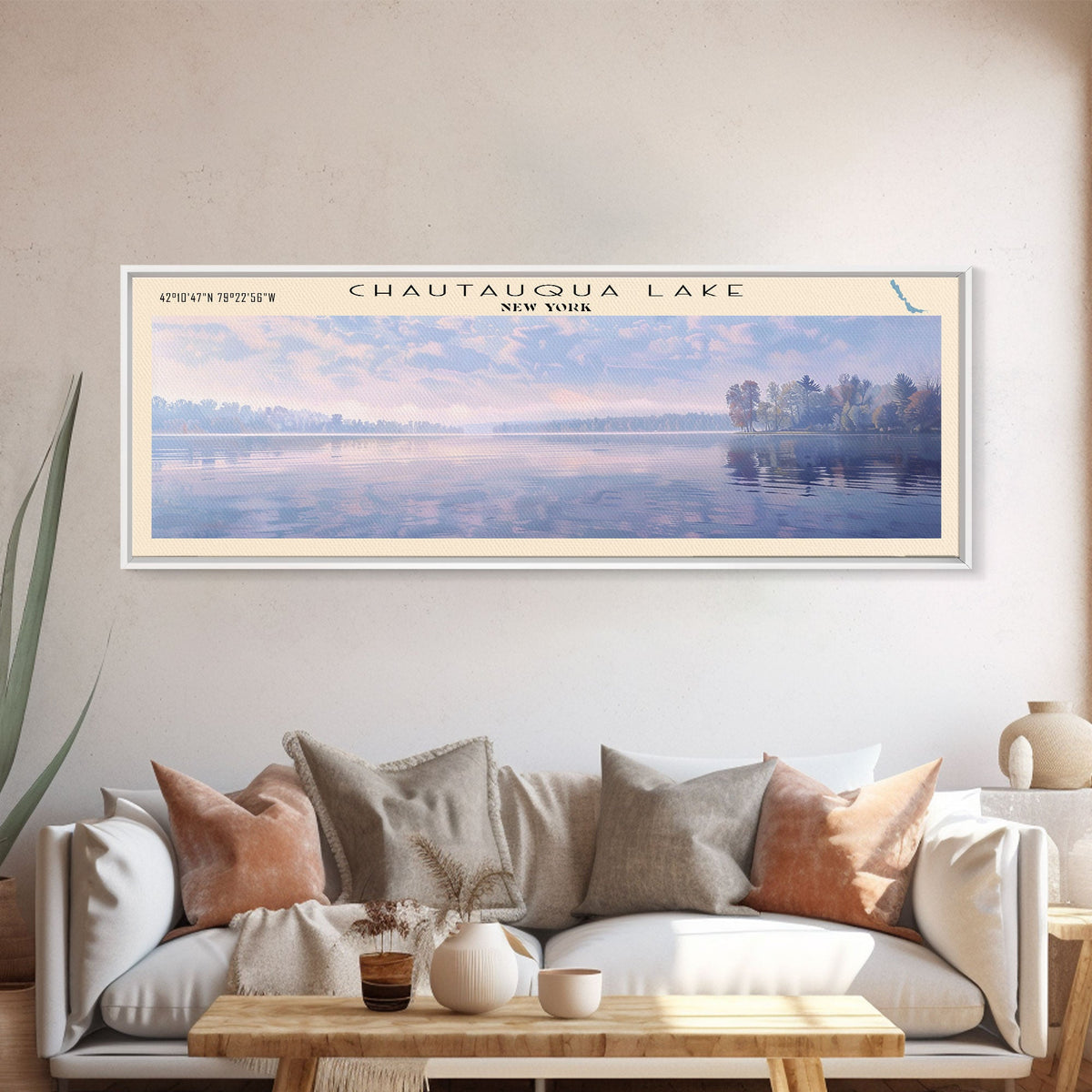 Chautauqua Lake New York Framed Canvas Print, Lake House Art, Panoramic Wide Wall Art, Travel Poster, Modern Lake Painting, Nature Art