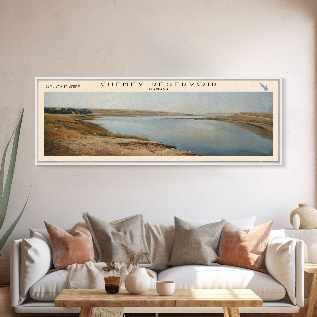 Cheney Reservoir Kansas Framed Canvas Print, Panoramic Lake House Decor, Wide Wall Art, Travel Poster, Rustic Lake Painting, Home Decor