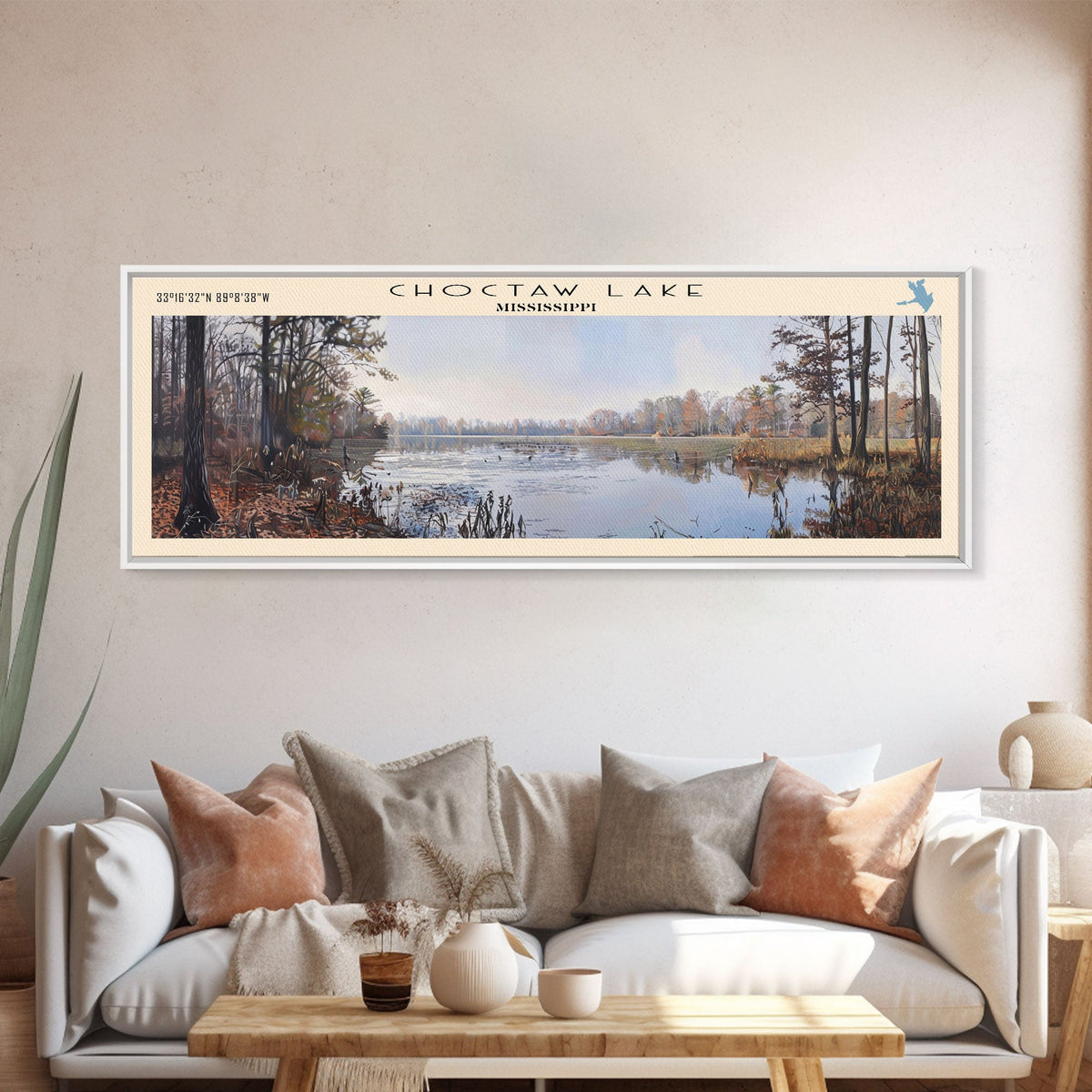 Choctaw Lake Mississippi Framed Canvas Print, Lake House Art, Panoramic Wide Wall Art, Travel Poster, Rustic Lake Painting, Home Decor