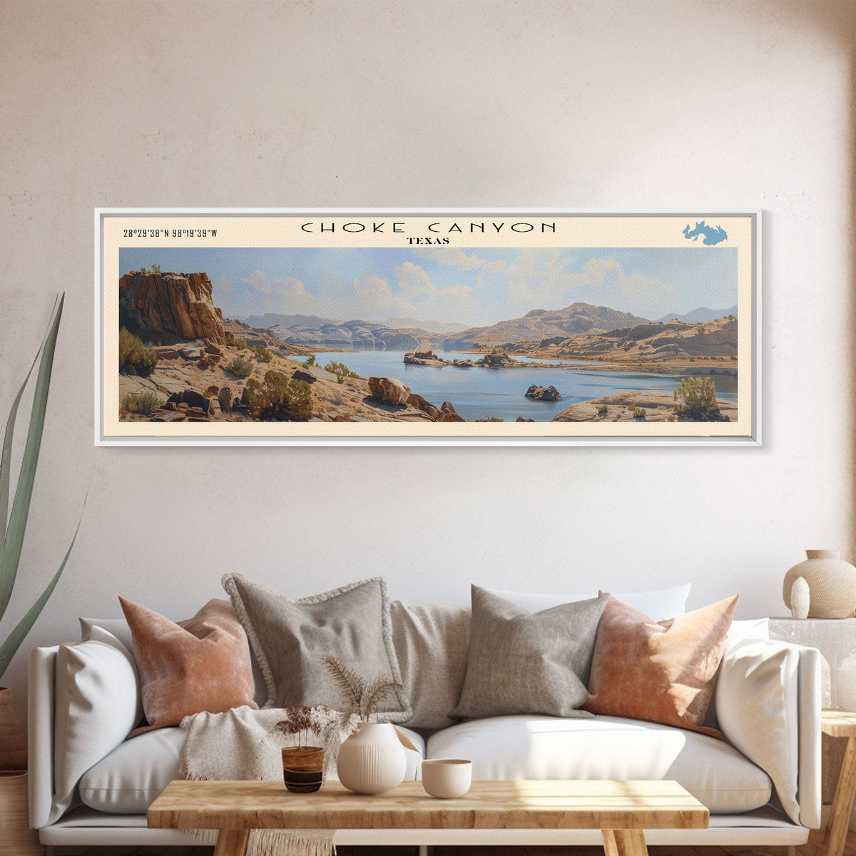 Choke Canyon Reservoir Framed Canvas Print, Panoramic Lake House Decor, Wide Wall Art, Travel Poster, Modern Lake Painting, Nature Art