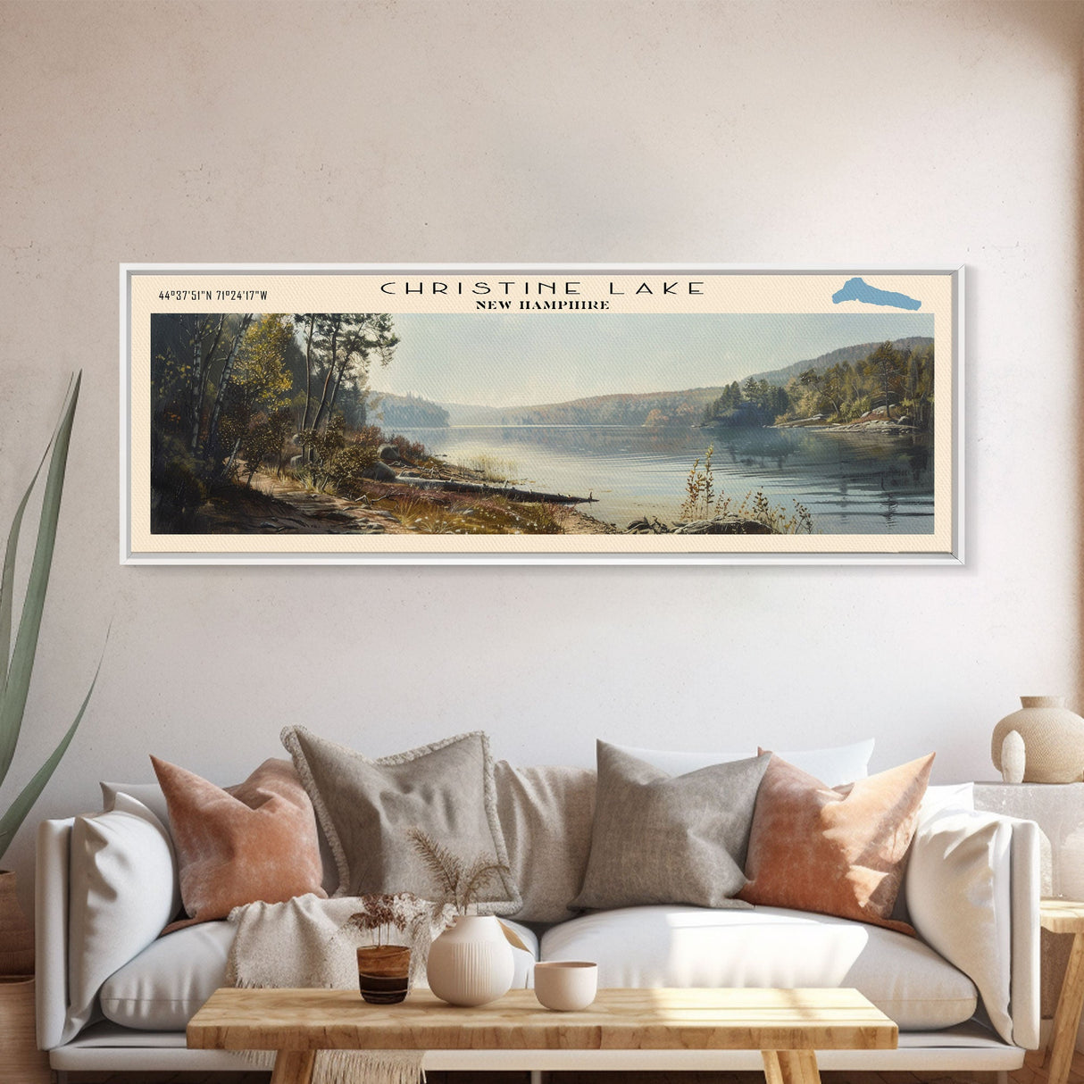 Christine Lake New Hampshire Framed Canvas Print, Lake House Art, Panoramic Wide Art, Travel Poster, Rustic Lake Painting, Home Decor