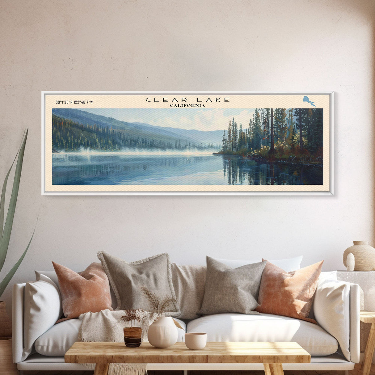 Clear Lake Framed Canvas Print, Lake House Art, Panoramic Wide Art, Travel Poster, Rustic Lake Painting, Home Decor