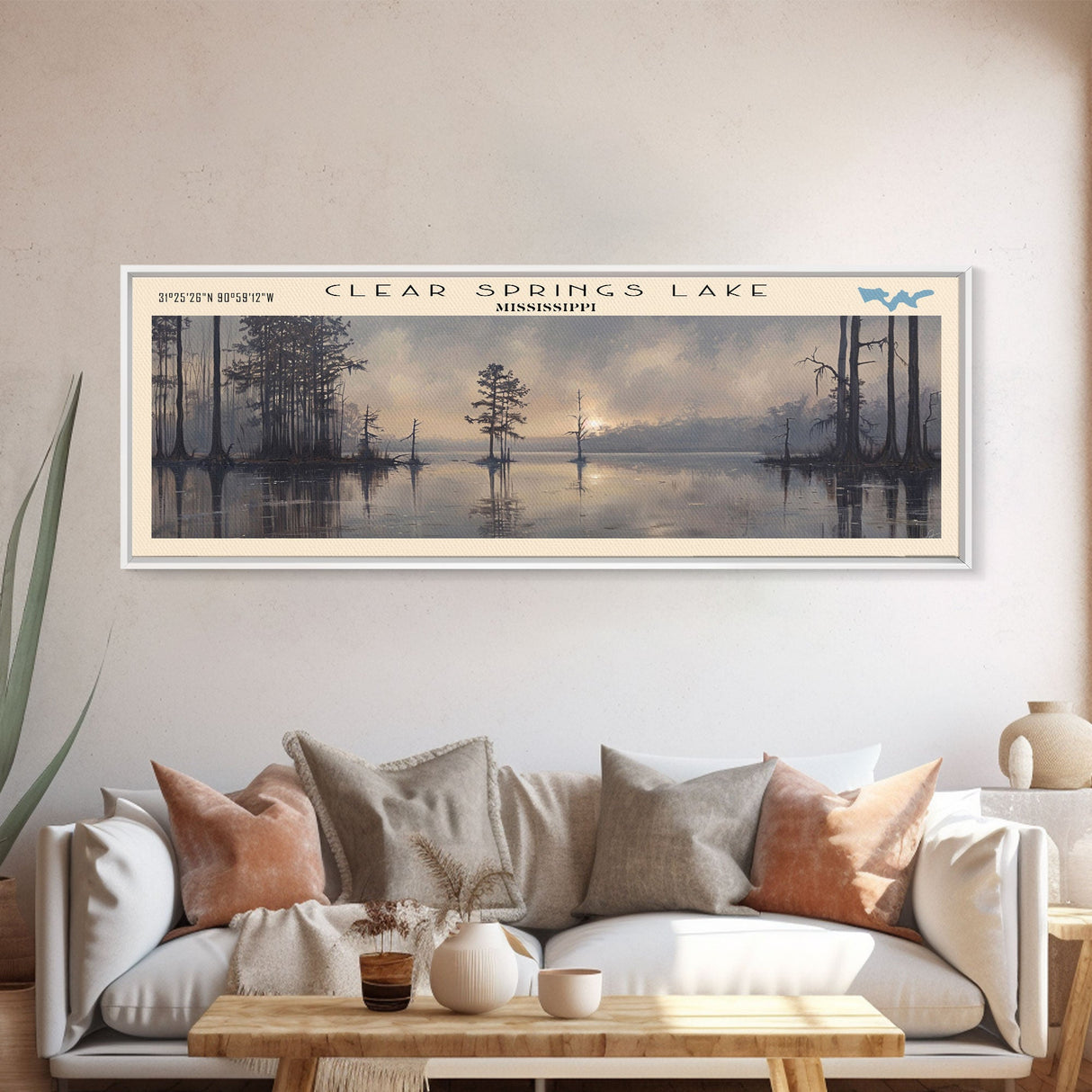Clear Springs Lake Mississippi Framed Canvas Print, Panoramic Lake House Decor, Wide Wall Art, Travel Poster, Modern Lake Painting, Nature Art
