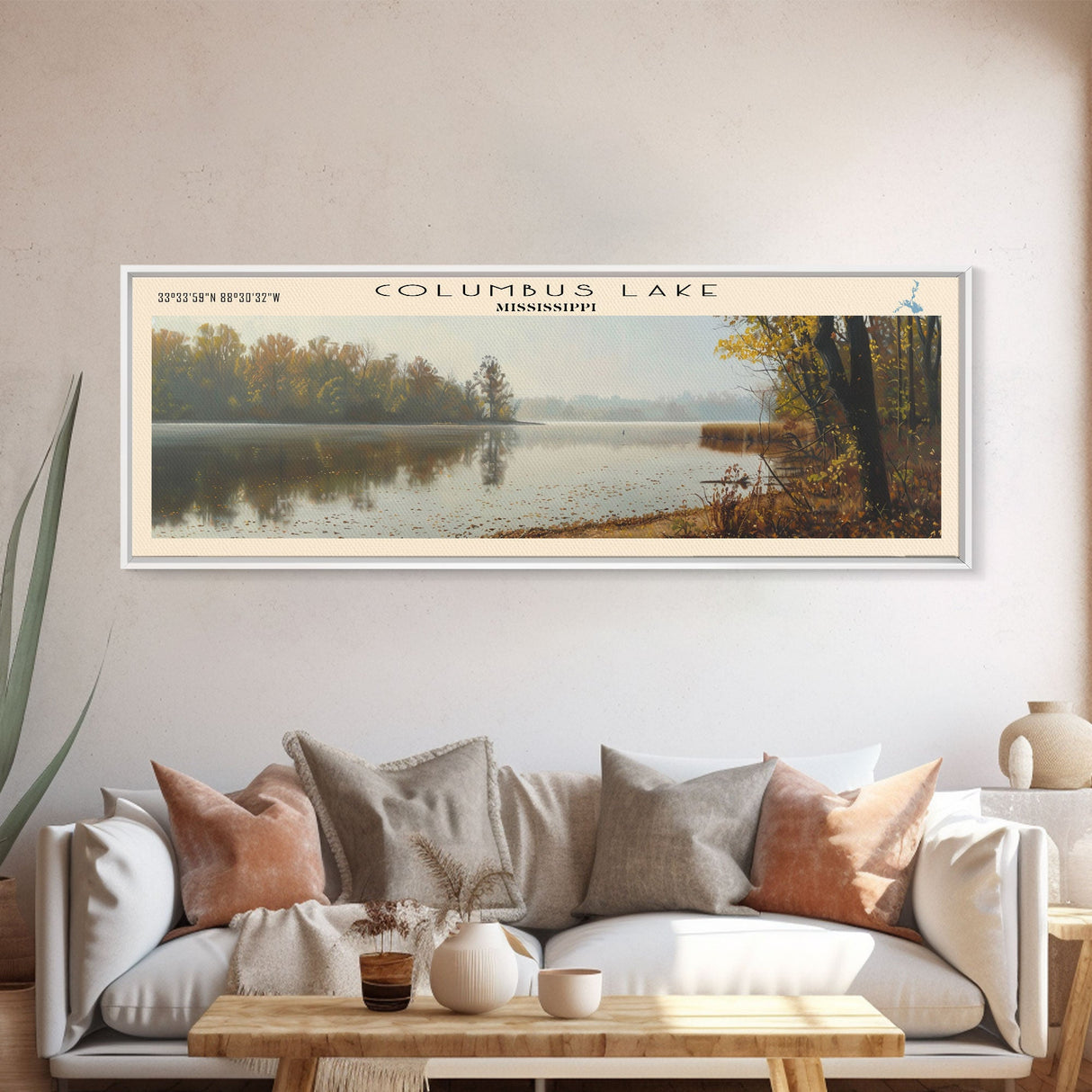 Columbus Lake Mississippi Framed Canvas Print, Panoramic Lake House Decor, Wide Wall Art, Travel Poster, Rustic Lake Painting, Nature Art
