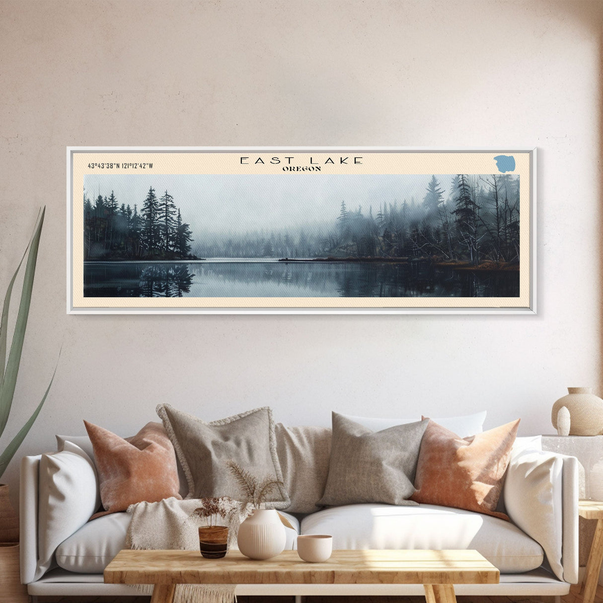 East Lake Oregon Framed Canvas Print, Panoramic Lake House Decor, Wall Art, Travel Poster, Rustic Lake Painting, Home Decor