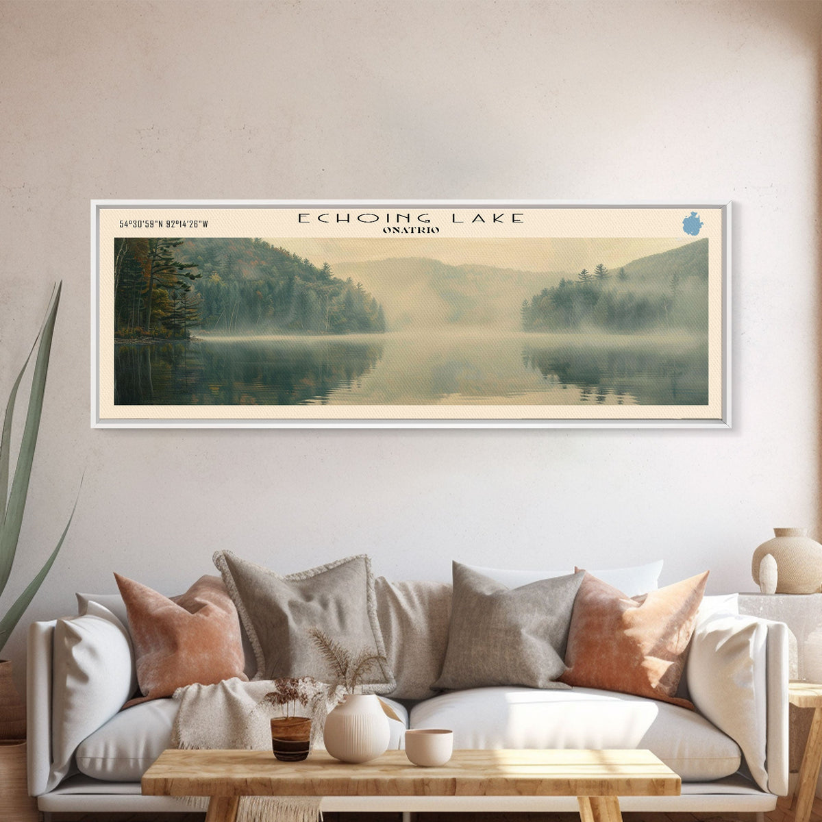 Echoing Lake Framed Canvas Print, Lake House Decor, Panoramic Wall Art, Travel Poster, Rustic Lake Painting, Home Decor