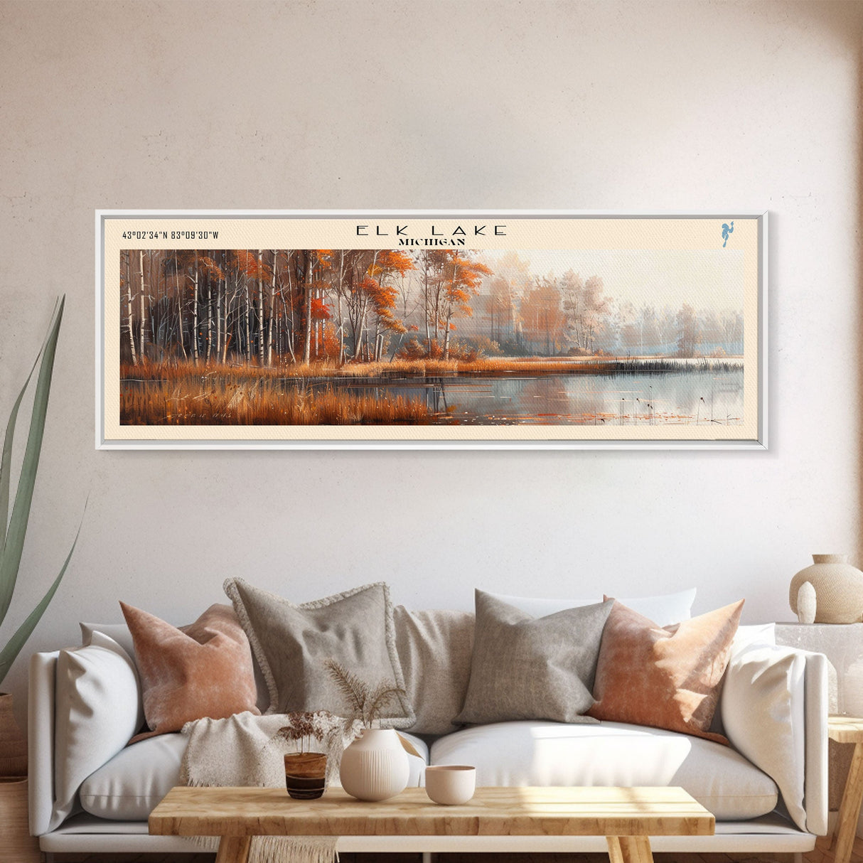 Elk Lake Michigan Framed Canvas Print, Lake House Art, Panoramic Wall Art, Travel Poster, Minimalist Lake Painting, Home Decor