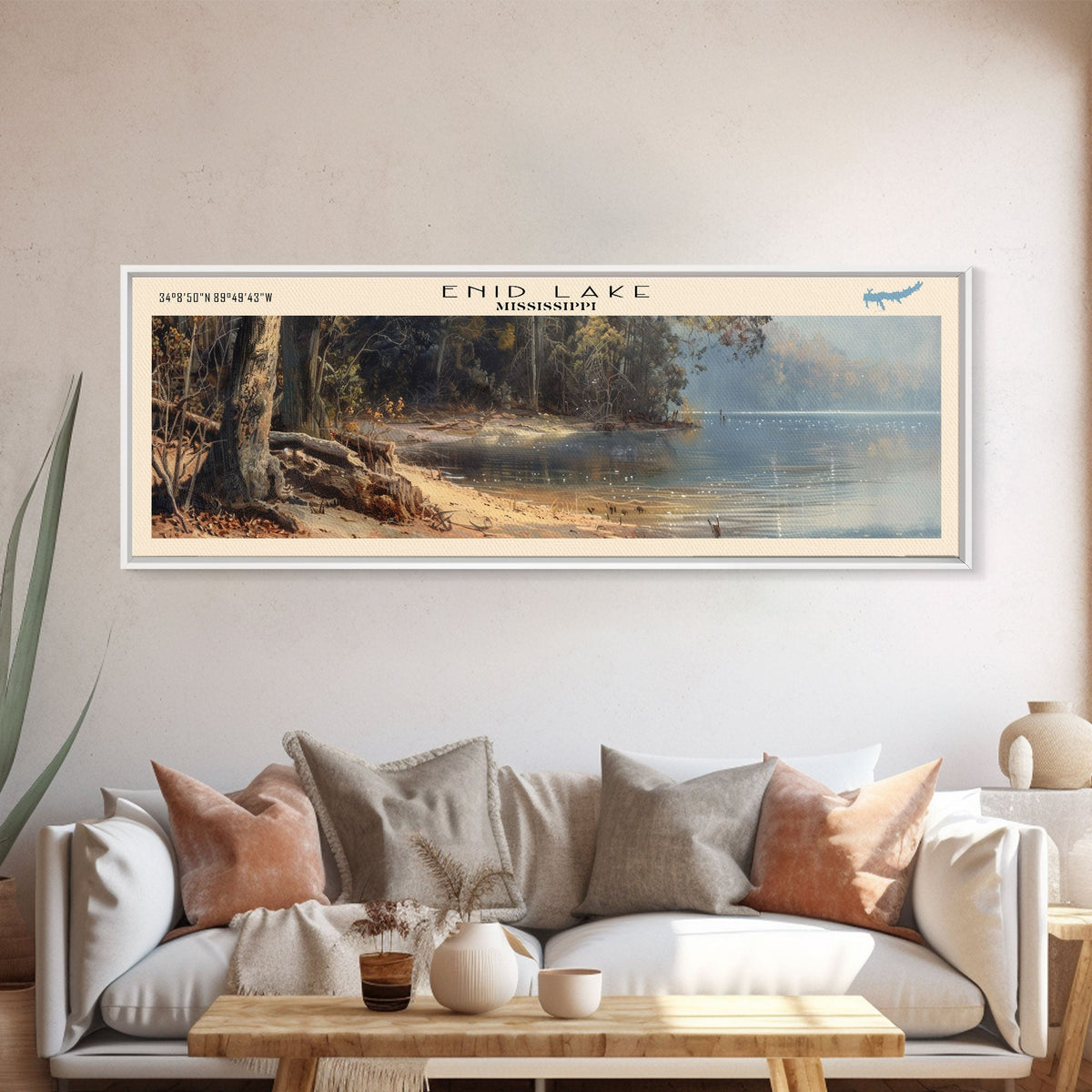 Enid Lake Mississippi Framed Canvas Print, Lake House Decor, Panoramic Wall Art, Travel Poster, Modern Lake Painting, Nature Art