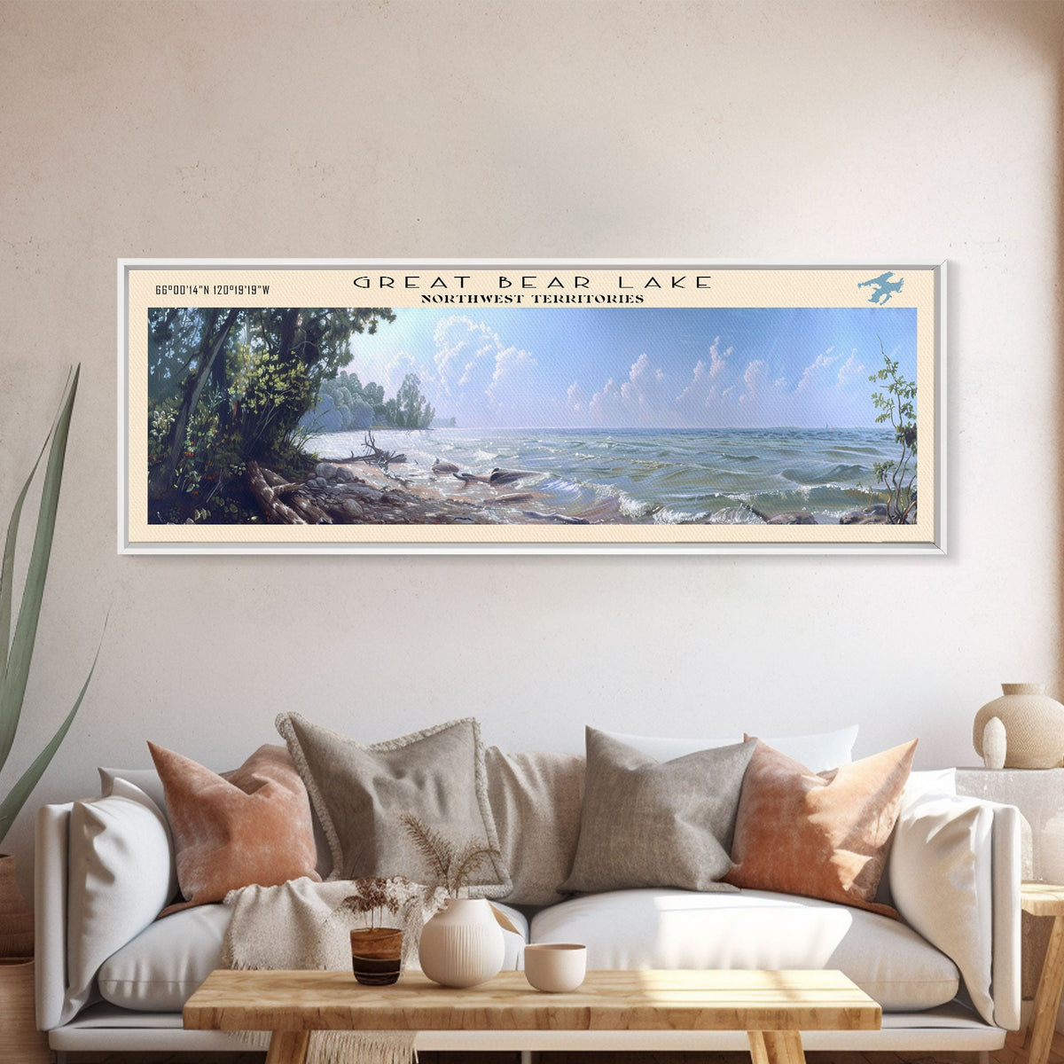 Great Bear Lake Framed Canvas Print, Lake House Decor, Panoramic Wall Art, Travel Poster, Picturesque Lake Painting, Nature Art