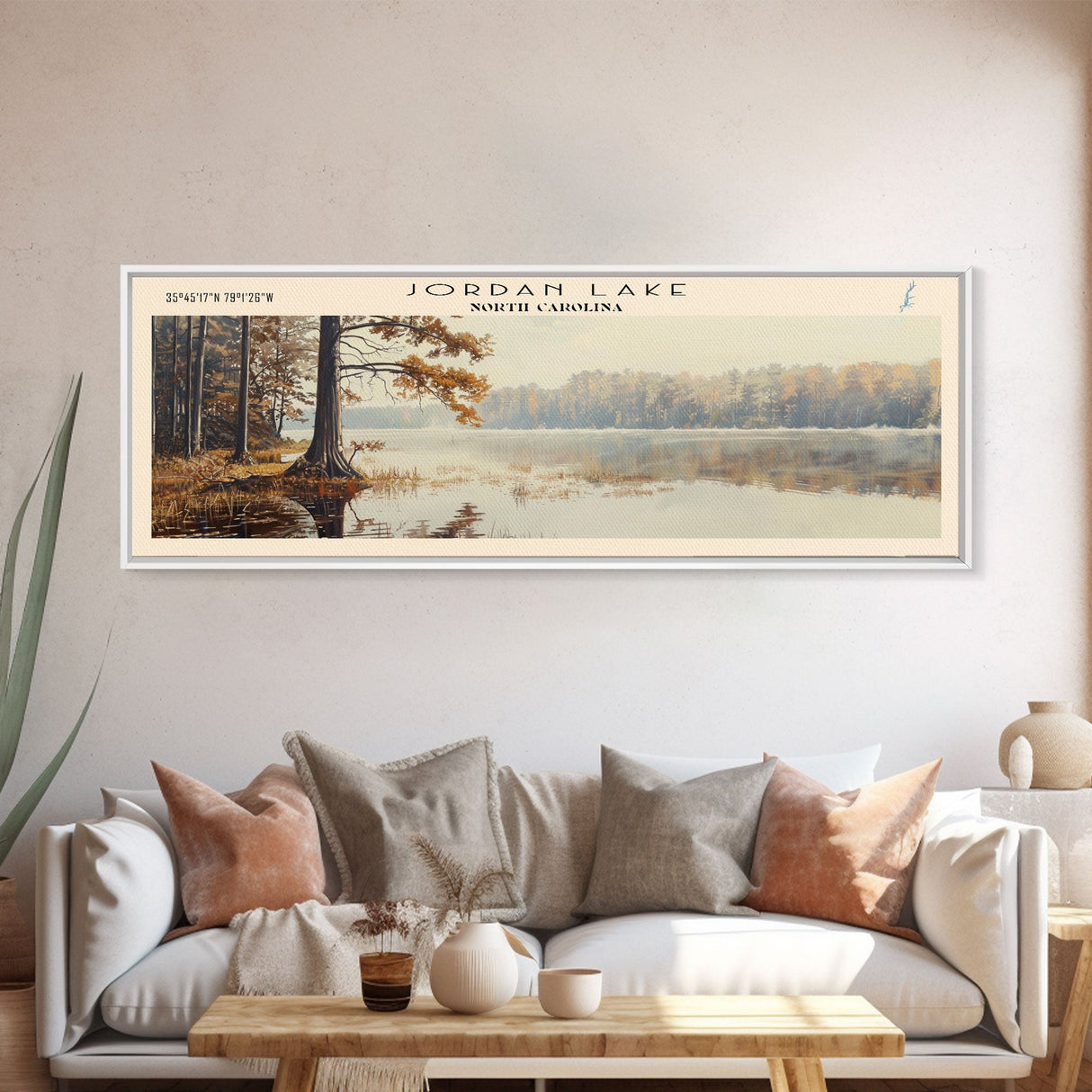 Jordan Lake North Carolina Framed Canvas Print, Lake House Art, Panoramic Travel Poster, Wall Art, Stunning Lake Painting, Home Decor