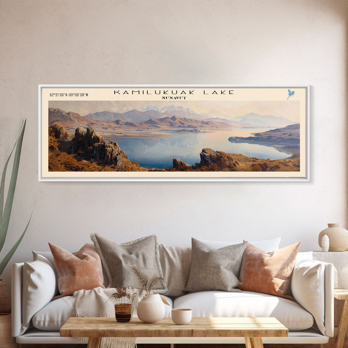 Kamilukuak Lake Framed Canvas Print, Lake House Decor, Panoramic Wall Art, Travel Poster, Captivating Lake Painting, Nature Art