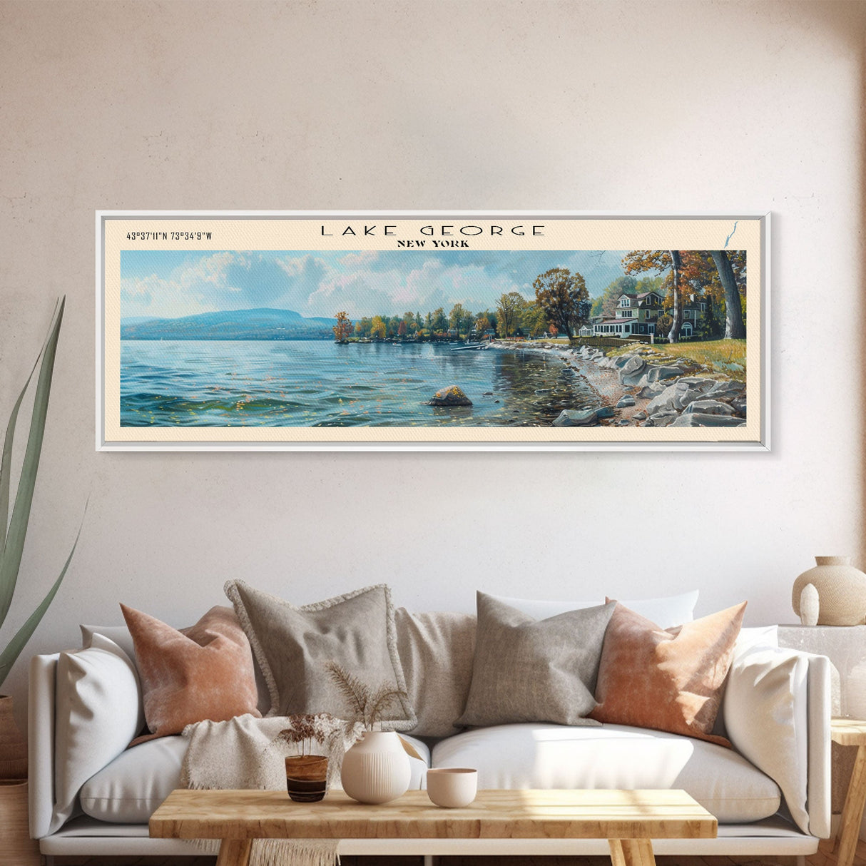 Lake George New York Framed Canvas Print, Lake House Decor, Panoramic Wall Art, Travel Poster, Stunning Landscape Painting, Home Art
